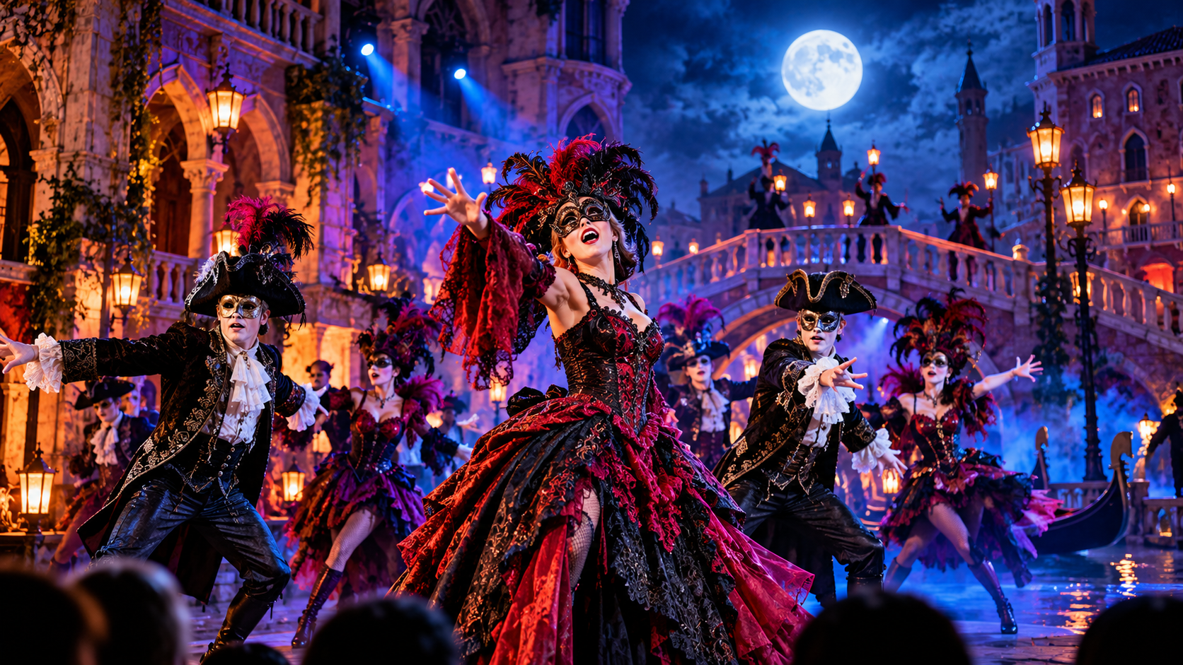 Redaktionelle Illustration einer düsteren venezianischen Halloween-Show mit maskierten Tänzern, einer Sängerin im roten Kostüm, Brücke, Laternen und Vollmond.