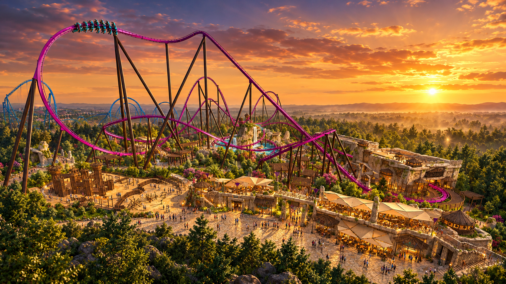 Visualisierung des neuen Energylandia-Wing-Coasters „Rokan“ mit violetter Strecke über dem Themenbereich Volana bei Sonnenuntergang.