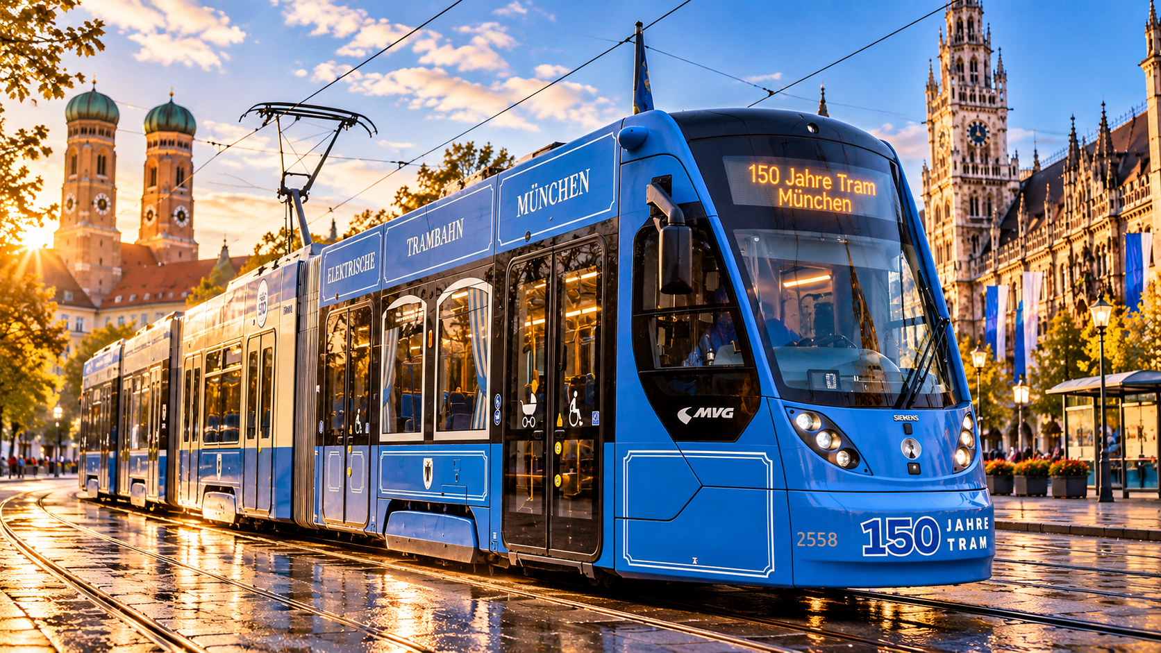 Blaue Münchner Jubiläumstram zum 150-jährigen Bestehen der Straßenbahn vor der Münchner Innenstadt im warmen Abendlicht.