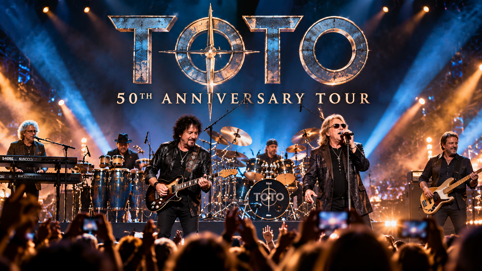 Redaktionelle Konzertillustration von Toto auf einer großen Bühne mit Bandlogo, Jubiläumsschriftzug und Publikum vor blau-goldener Lichtkulisse.