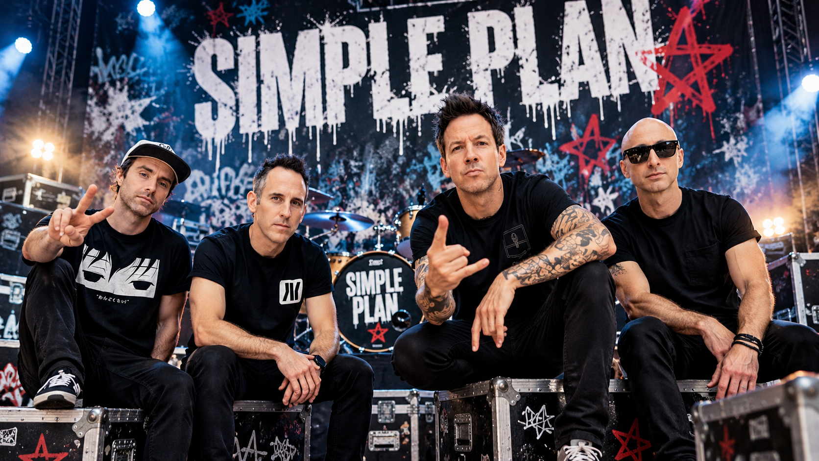 Redaktionelle Bandillustration von Simple Plan mit vier Musikern in schwarzer Kleidung vor einer Punkrock-Bühne mit Schlagzeug, Roadcases und großem Bandlogo.