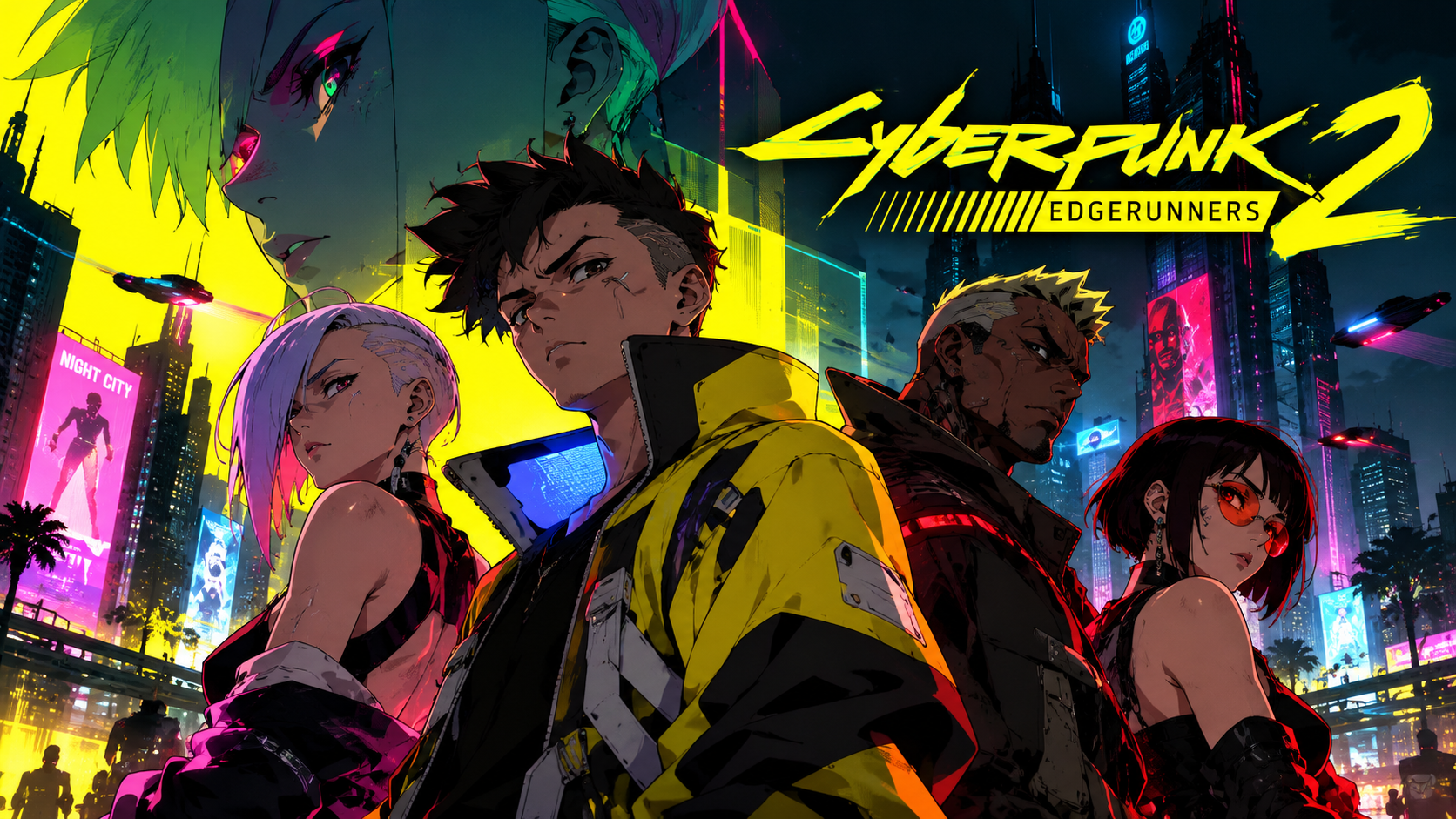 Redaktionelle Anime-Illustration zu „Cyberpunk: Edgerunners 2“ mit vier neuen Figuren vor der neonbeleuchteten Skyline von Night City.