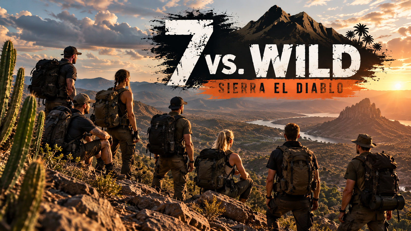 Redaktionelle Survival-Illustration zu „7 vs. Wild: Sierra El Diablo“ mit sieben Teilnehmern vor einer trockenen Berglandschaft mit Kakteen und großem Serienlogo.