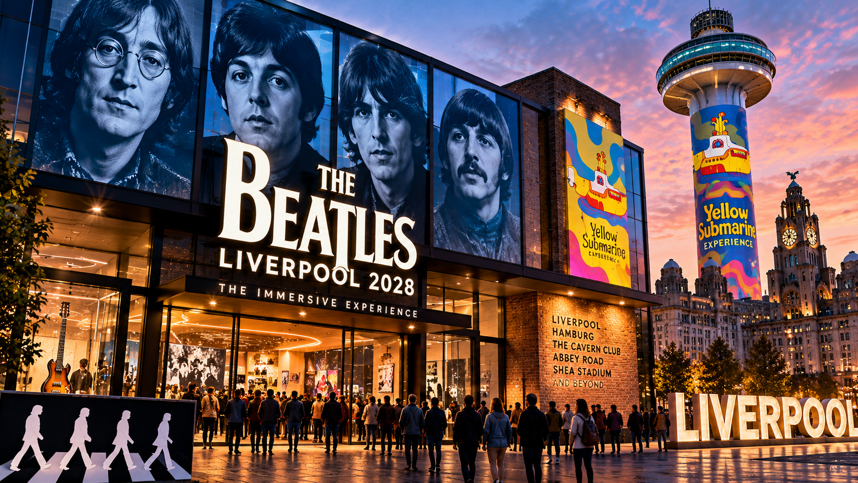 Redaktionelle Illustration der geplanten Beatles-Erlebniswelt in Liverpool mit großem Beatles-Schriftzug, Porträts der vier Bandmitglieder, Besuchern und dem St Johns Beacon im „Yellow Submarine“-Design.