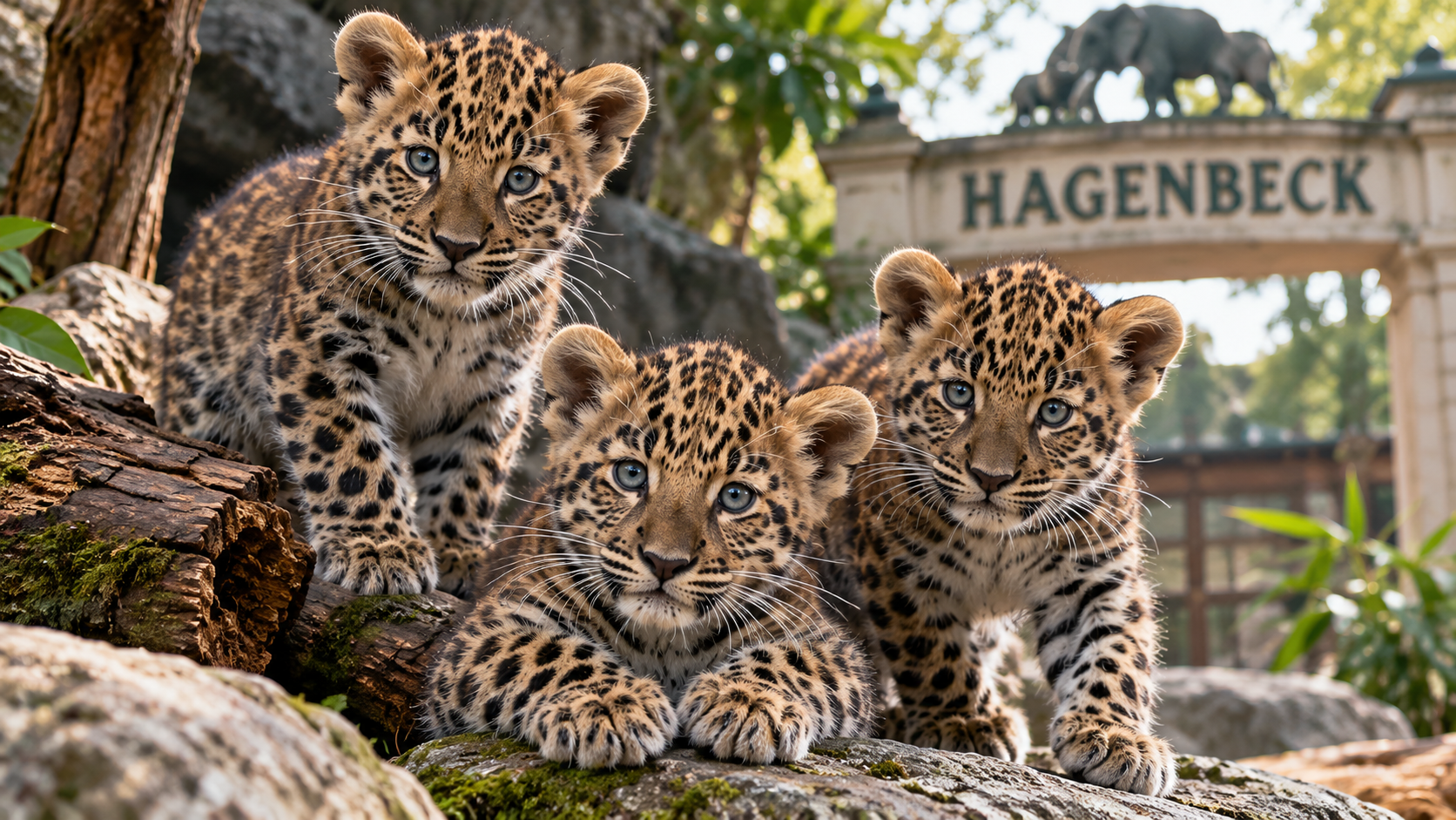 Redaktionelle Illustration mit drei jungen Leoparden auf Felsen vor einer begrünten Anlage und einem Hagenbeck-Schriftzug im Hintergrund.