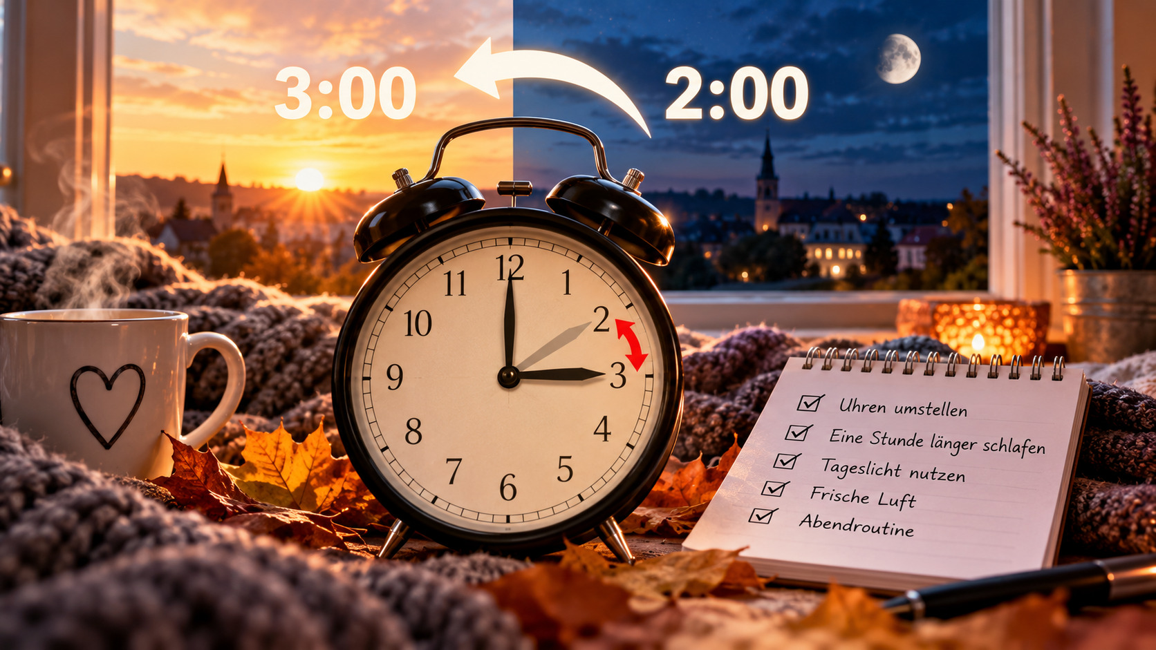 Redaktionelle Illustration zur Zeitumstellung mit Wecker, Pfeil von 3 auf 2 Uhr, herbstlicher Morgen- und Abendstimmung sowie einer Checkliste mit Alltagstipps.