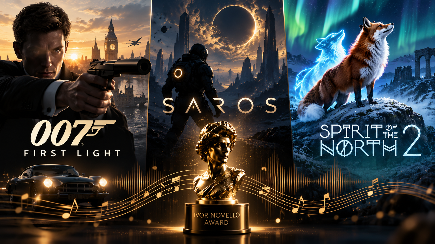 Redaktionelle Illustration zu den nominierten Videospiel-Soundtracks von „007 First Light“, „Saros“ und „Spirit of the North 2“ mit goldener Ivor-Novello-Trophäe und musikalischen Elementen.