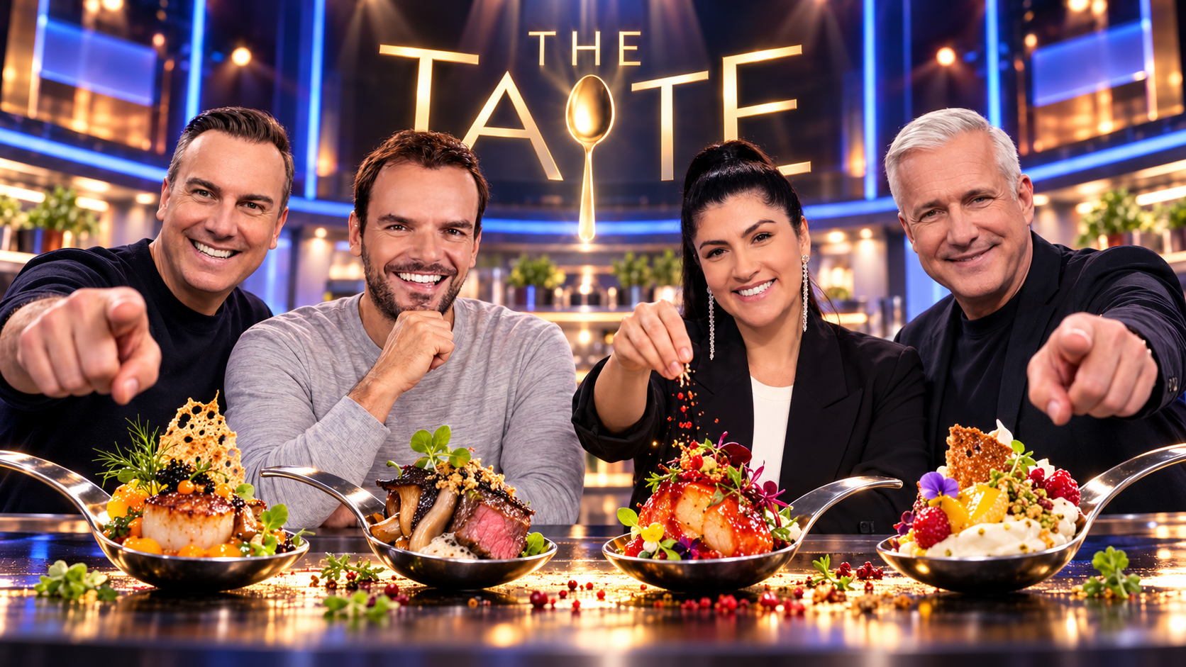 Die vier Coaches der 15. Staffel von „The Taste“ vor der Studiokulisse mit vier aufwendig angerichteten Probierlöffeln.