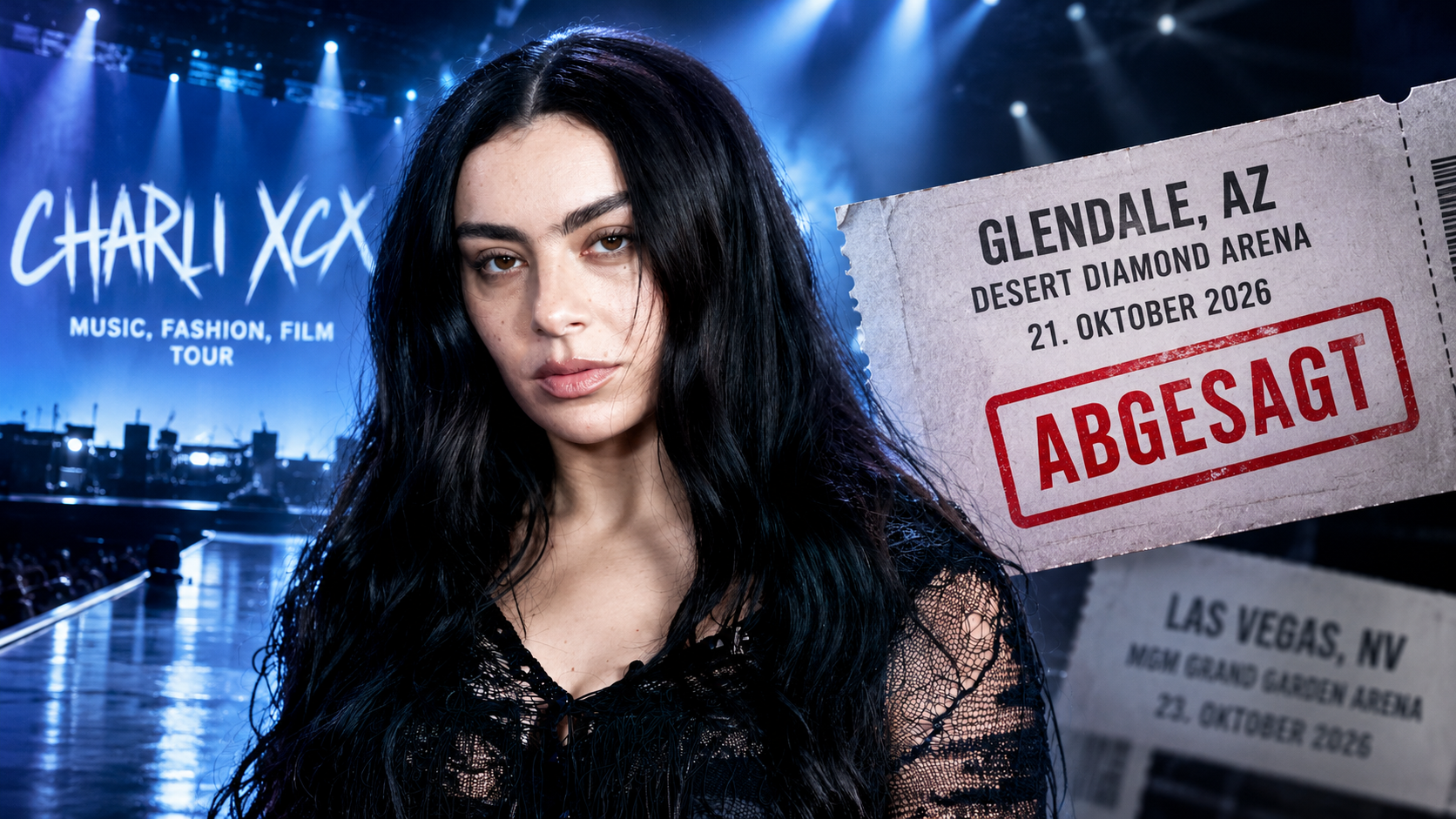 Redaktionelle Illustration von Charli XCX vor einer blau beleuchteten Konzertarena mit einem deutlich als abgesagt markierten Ticket für die Show in Glendale, Arizona.
