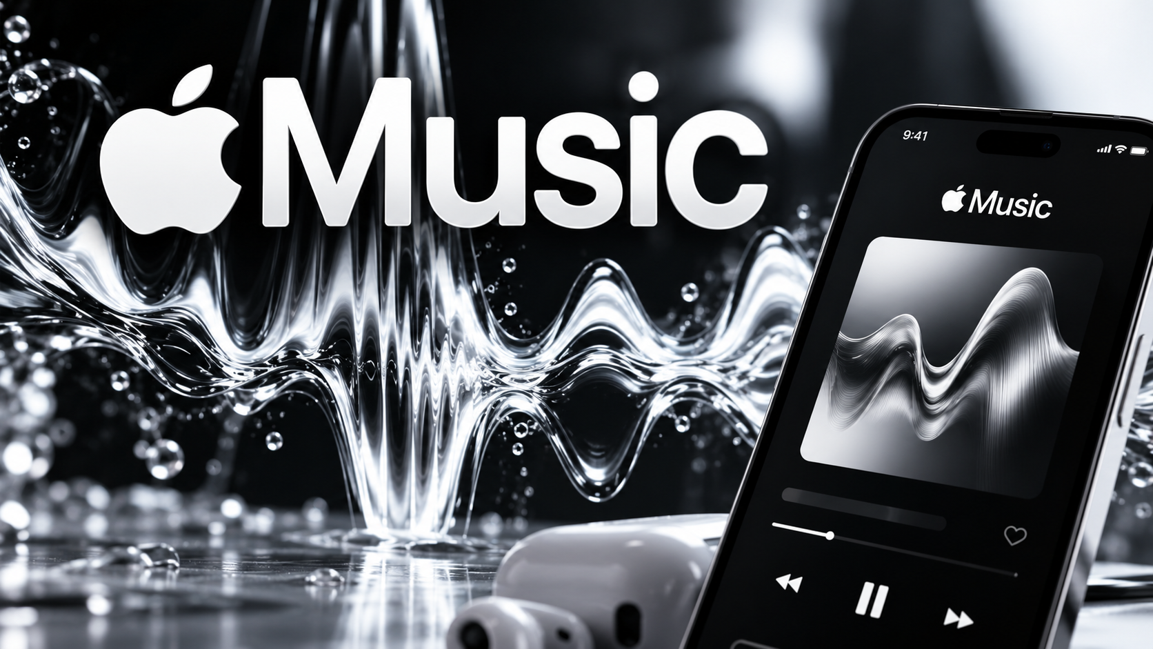 Schwarz-weiße Apple-Music-Illustration mit Smartphone, AirPods und flüssigen Soundwellen im neuen reduzierten Design.