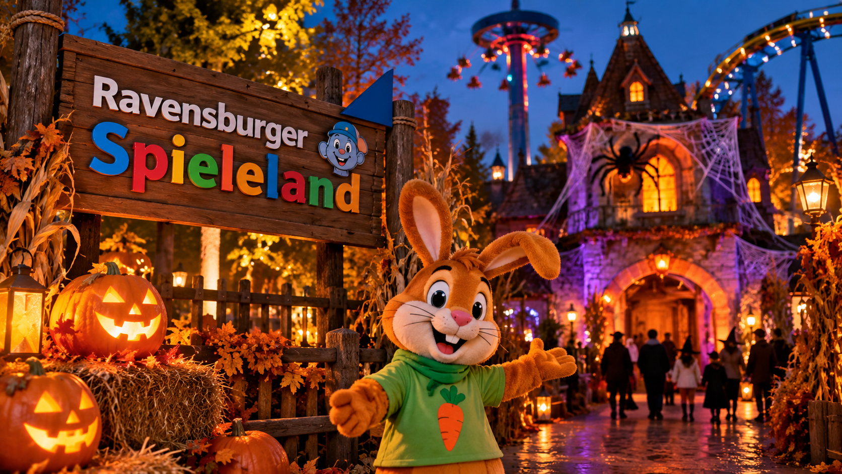 Halloween-Abend im Ravensburger Spieleland mit beleuchtetem Gruselhaus, Kürbissen, Fahrgeschäften und familienfreundlicher Herbstdekoration.