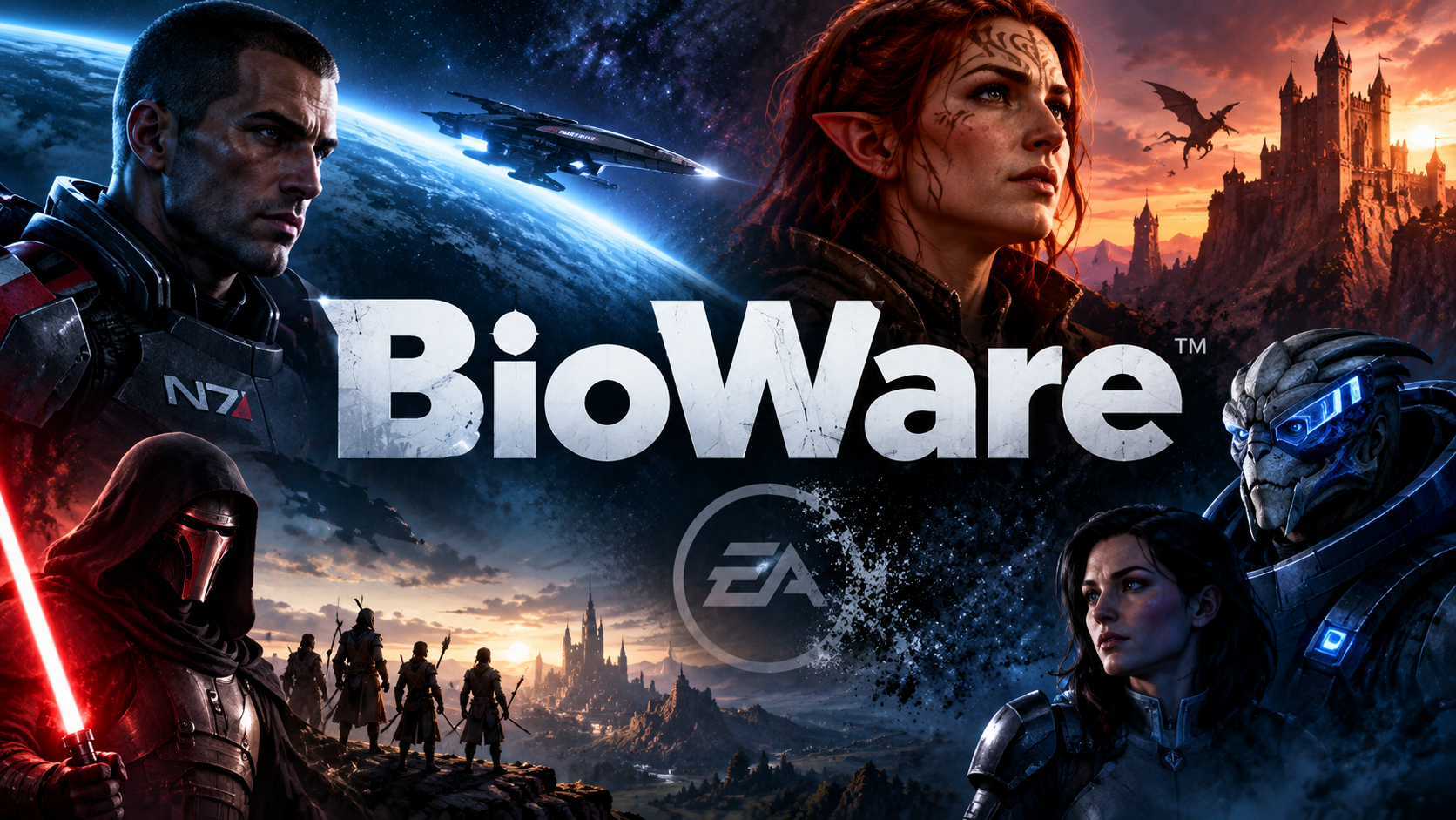 Dramatische Gaming-Illustration zum Ende von BioWare mit Science-Fiction- und Fantasy-Motiven, Raumfahrtkulisse und Figuren im Stil bekannter BioWare-Rollenspiele.