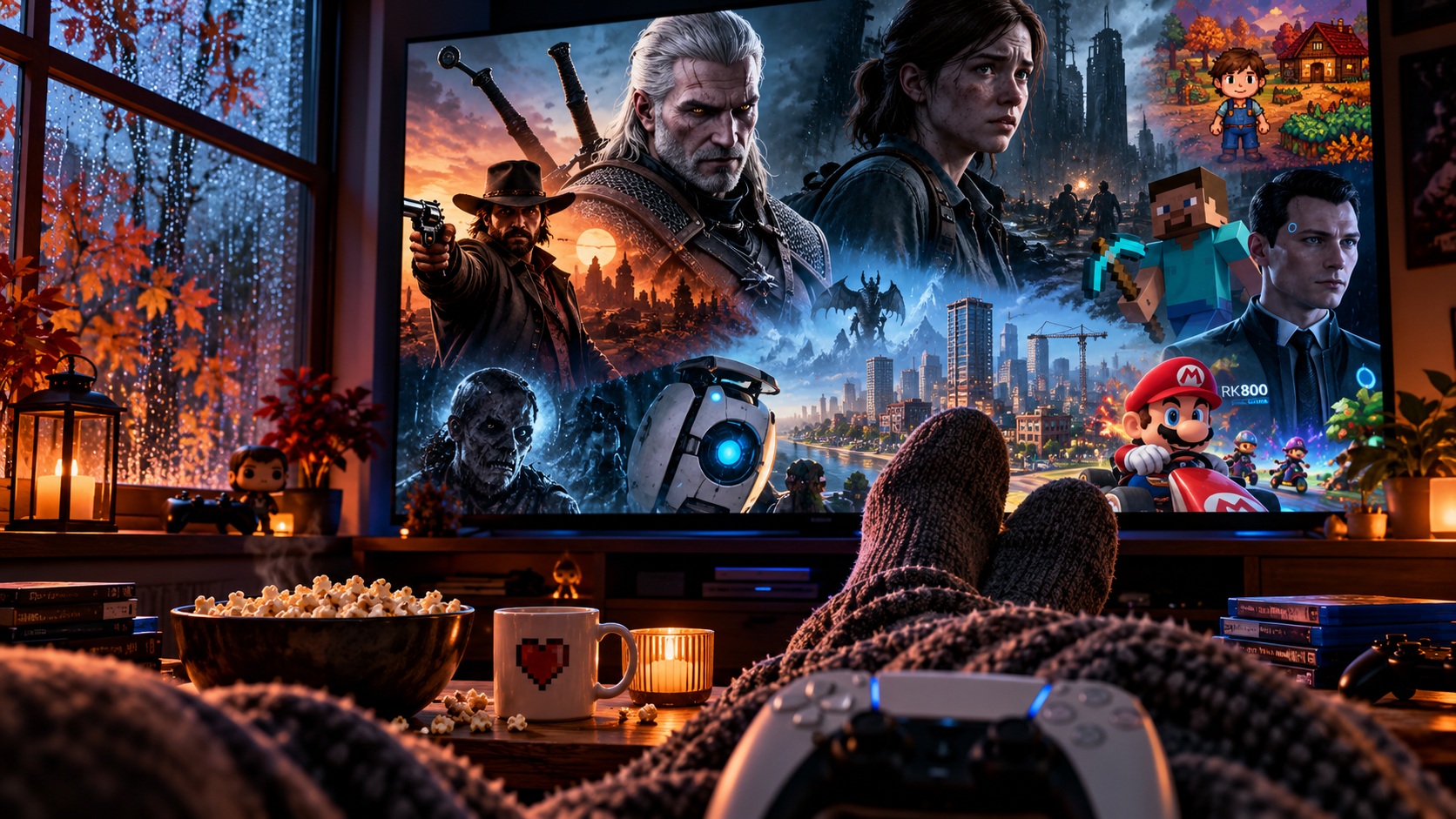 Gemütlicher Gaming-Abend an einem regnerischen Herbsttag mit Controller, Decke, Popcorn und bekannten Videospielwelten auf dem Fernseher.