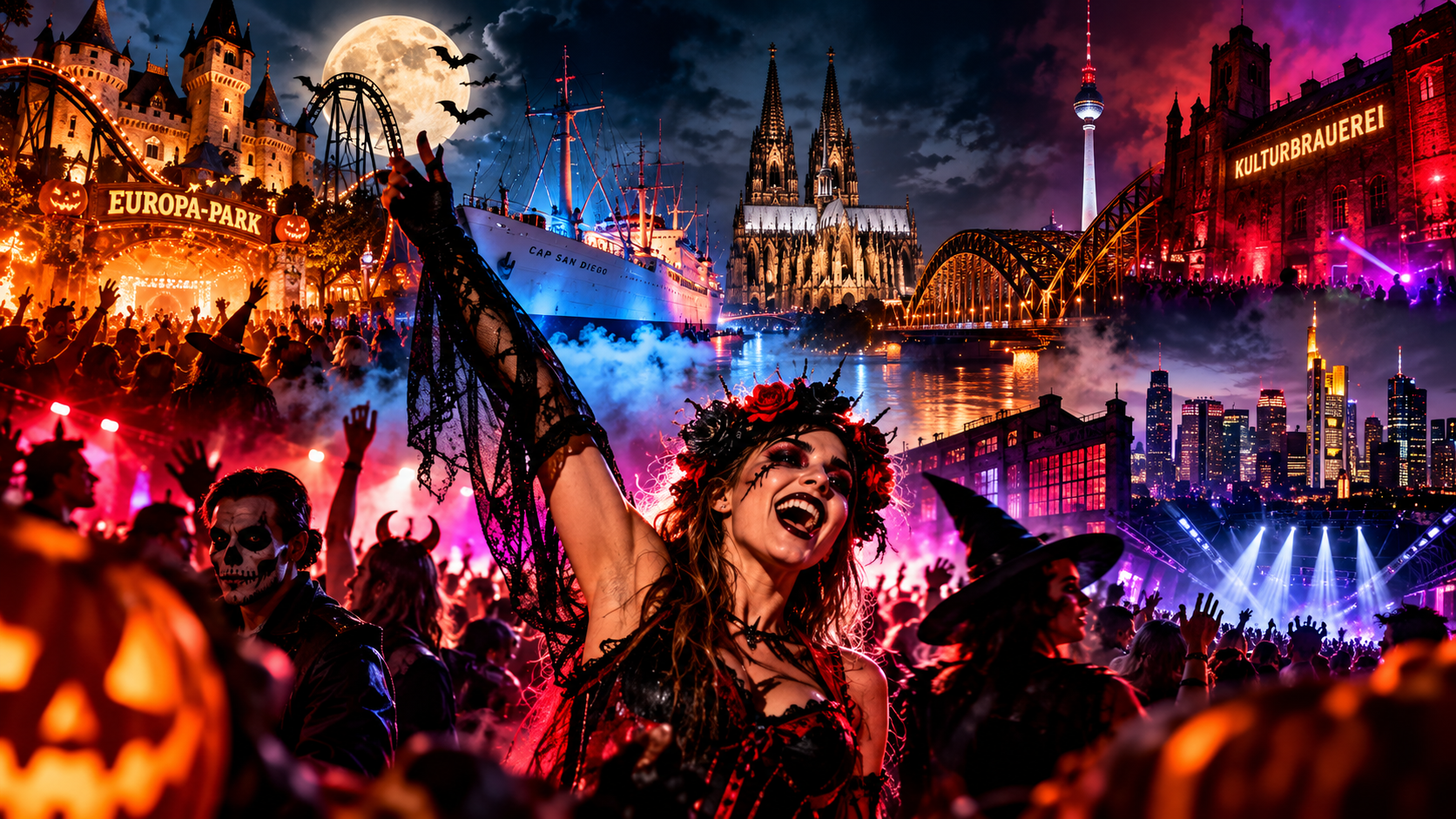 Große Halloween-Partys in Deutschland mit kostümierten Feiernden, Europa-Park, Hamburger Museumsschiff, Kölner Dom und weiteren bekannten Party-Locations.