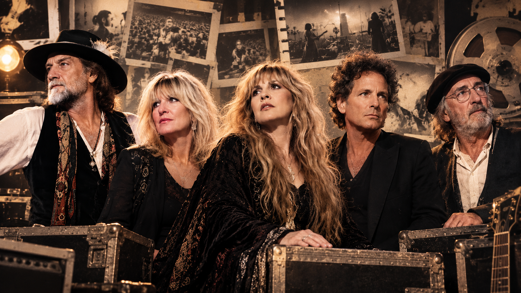 Fleetwood Mac in einer warm beleuchteten, nostalgischen Backstage- und Studioatmosphäre mit historischen Konzertfotos, Instrumenten und analoger Aufnahmetechnik.