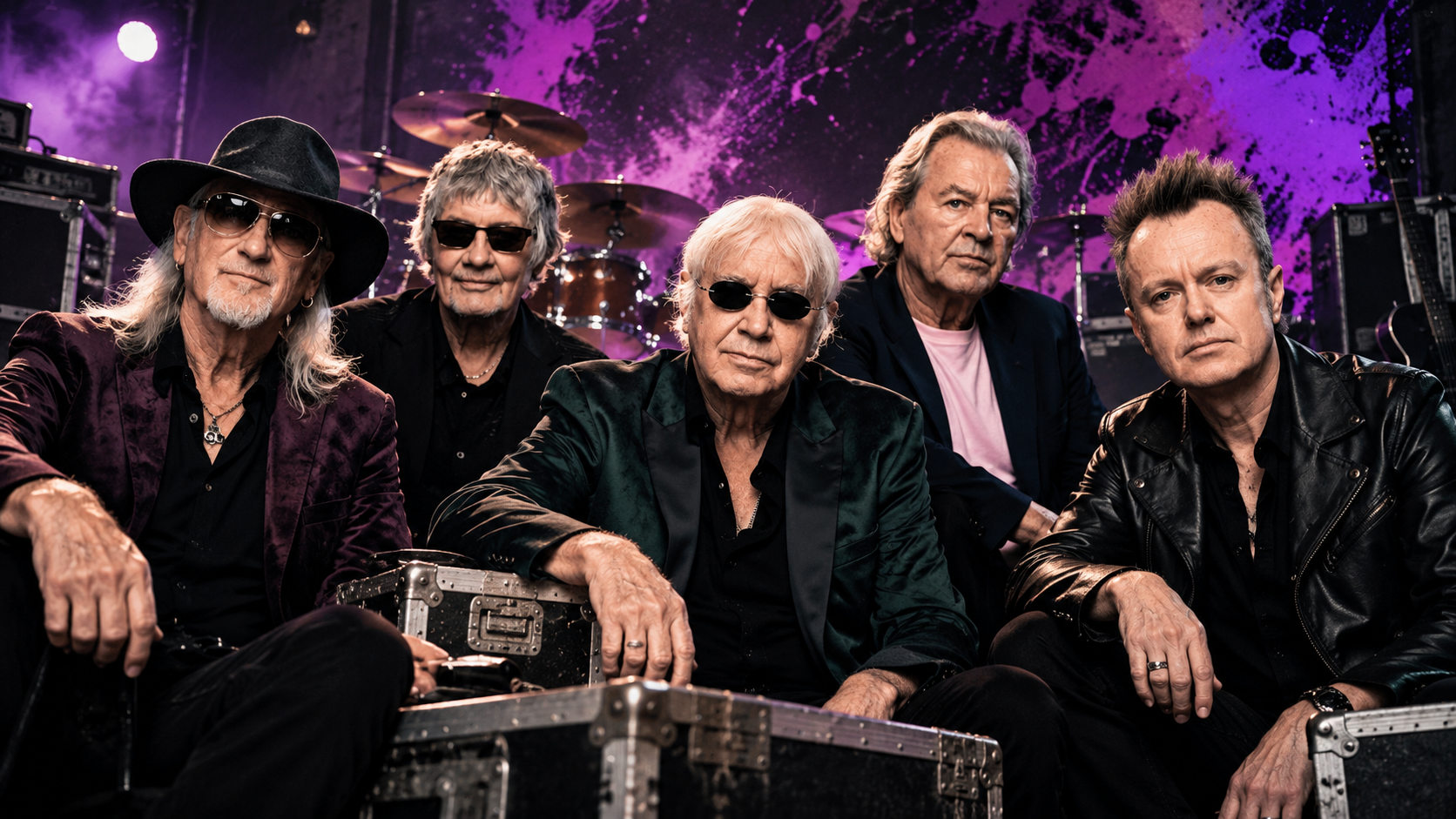 Deep Purple posieren gemeinsam in einer düsteren Rock- und Backstage-Kulisse mit Schlagzeug, Flightcases und violetter Bühnenbeleuchtung.