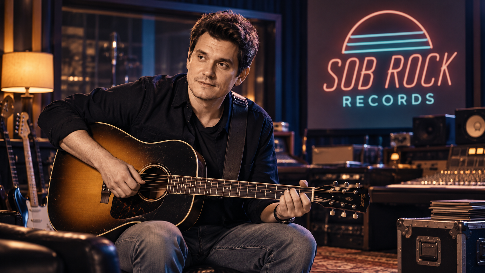 John Mayer sitzt mit Akustikgitarre in einem warm beleuchteten Tonstudio, umgeben von Verstärkern, Instrumenten und Aufnahmetechnik; im Hintergrund ist „Sob Rock Records“ zu sehen.
