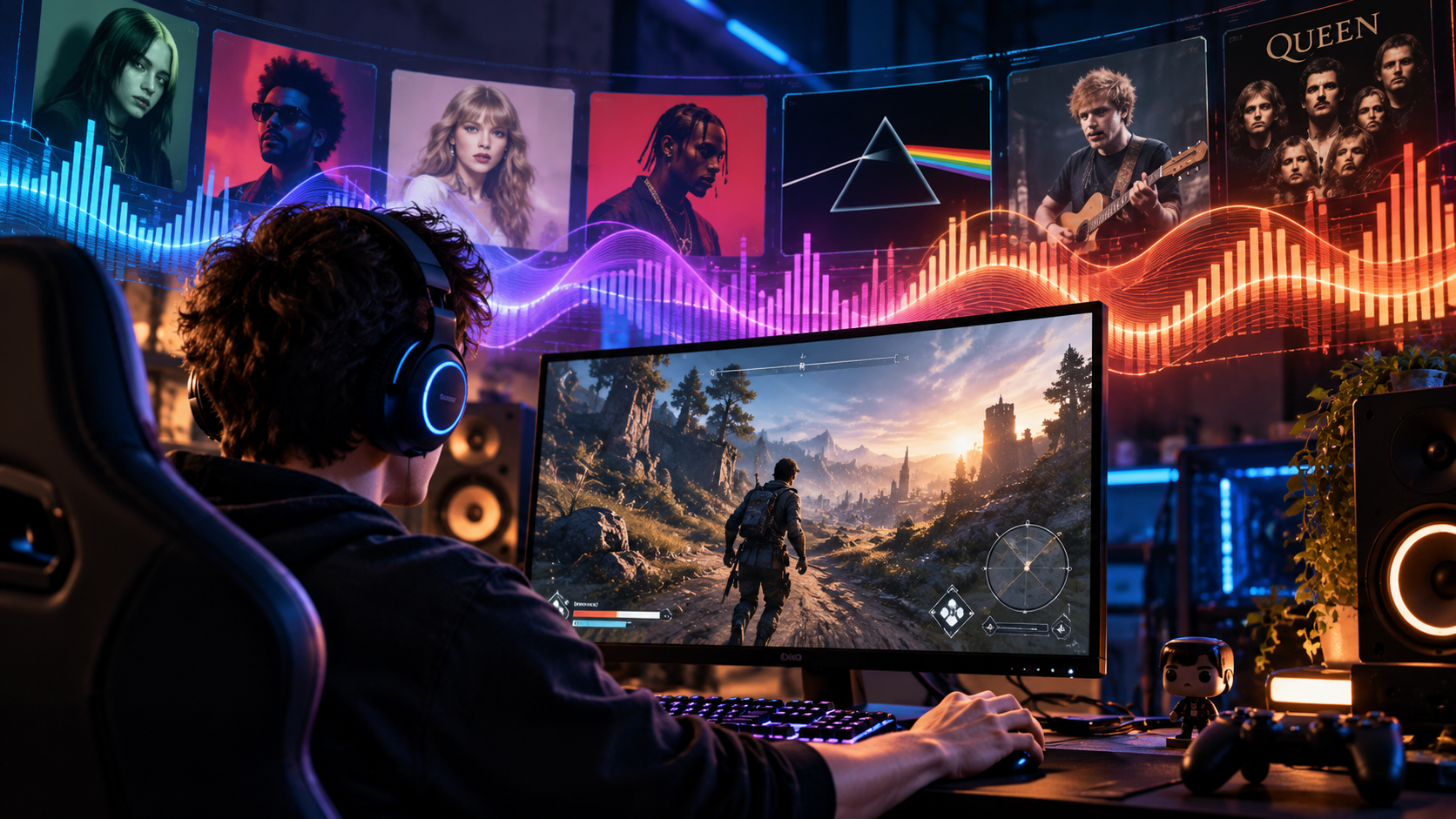 Gamer mit Headset spielt an einem großen Monitor, während leuchtende Soundwellen und verschiedene Musikmotive darstellen, wie Songs dynamisch auf das Spielgeschehen reagieren.