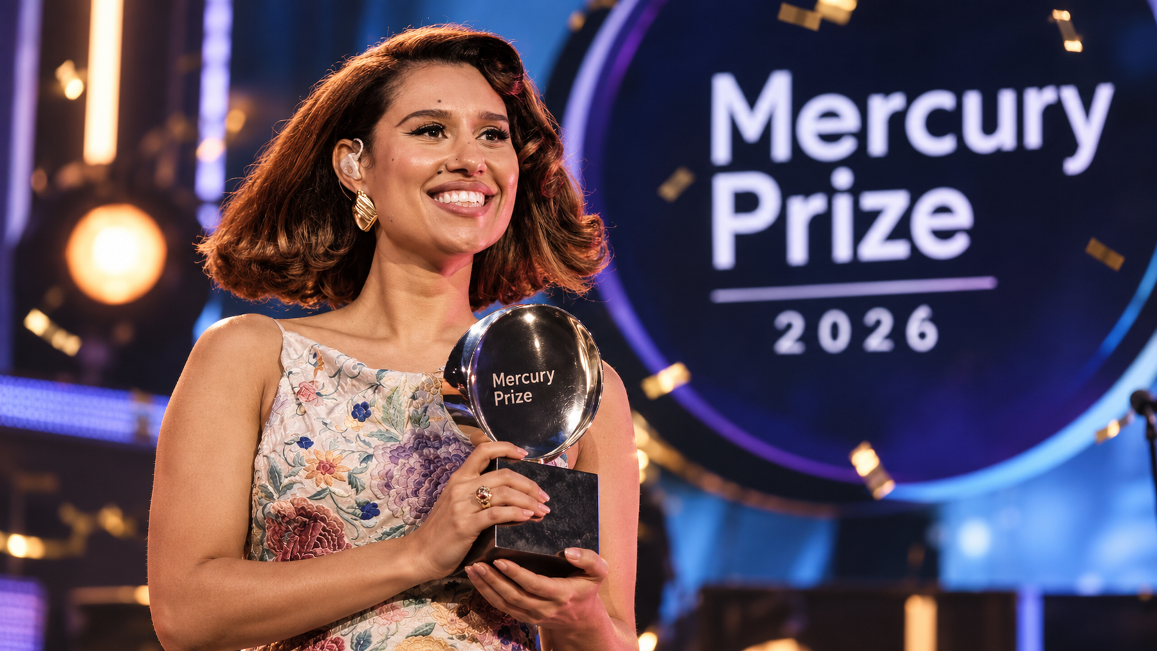 RAYE steht lächelnd auf einer Preisverleihungsbühne und hält die Mercury-Prize-Trophäe in den Händen.