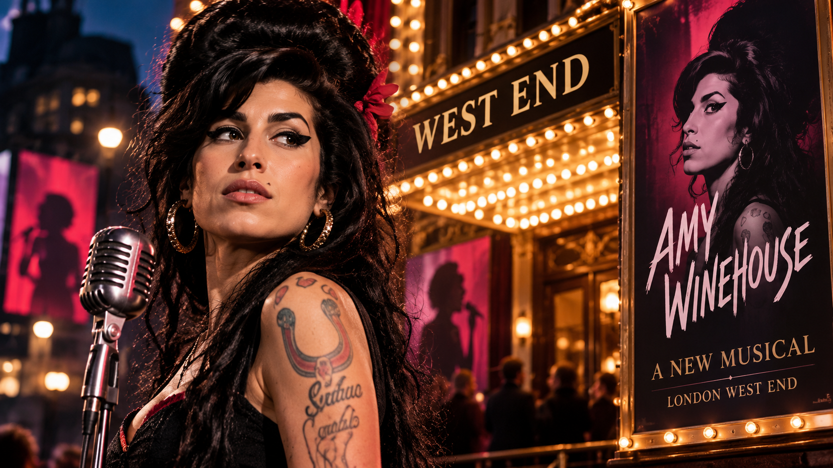 Amy-Winehouse-inspirierte Sängerin vor einem beleuchteten Londoner West-End-Theater mit Vintage-Mikrofon und Musicalplakat.