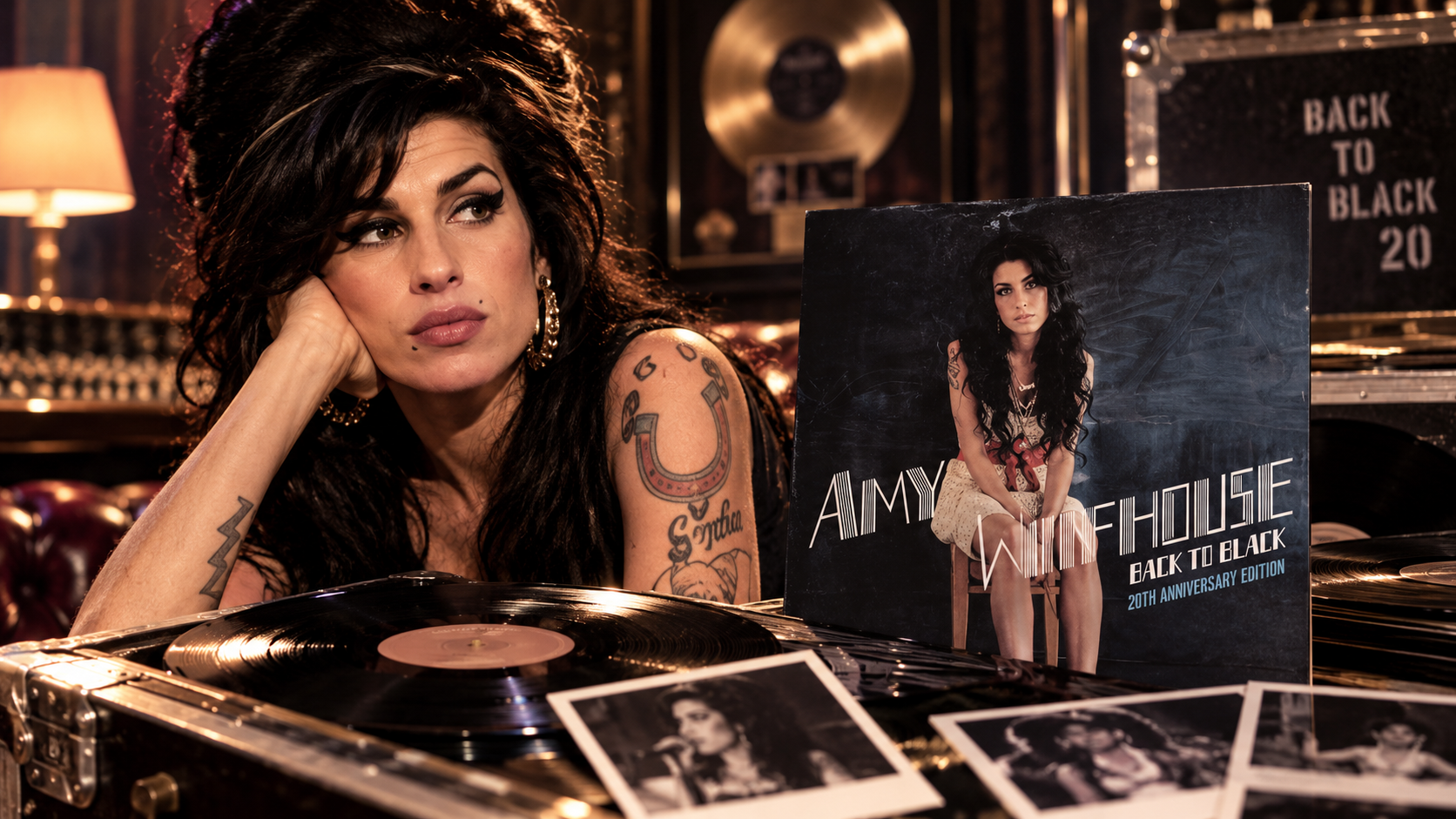 Amy Winehouse in einer warm beleuchteten Retro-Studioatmosphäre neben Vinylplatten, historischen Fotos und der 20th Anniversary Edition von „Back to Black“.