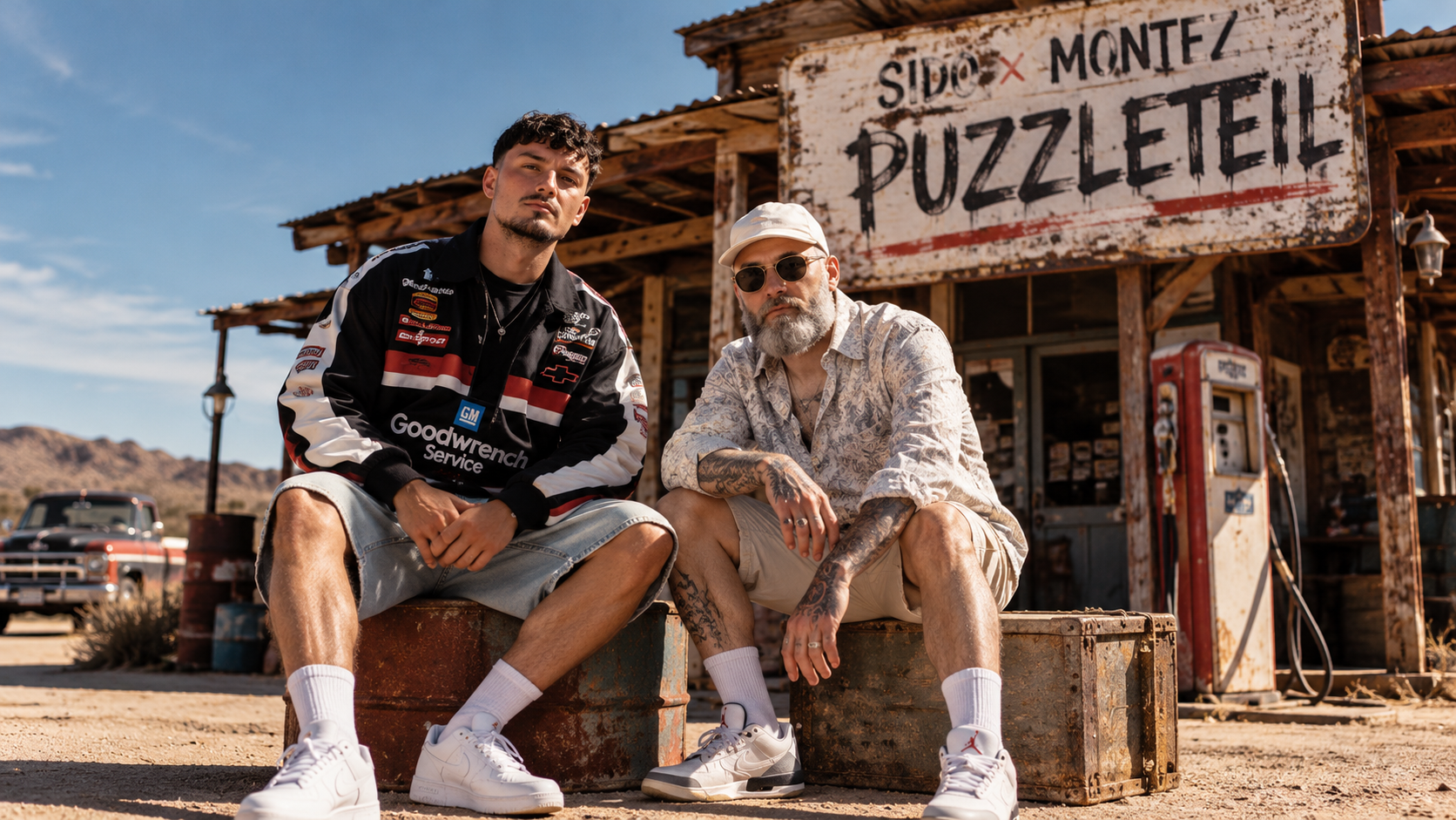 Sido und Montez sitzen vor einer alten Tankstelle in einer trockenen Wüstenlandschaft; im Hintergrund ist „Puzzleteil“ zu lesen.
