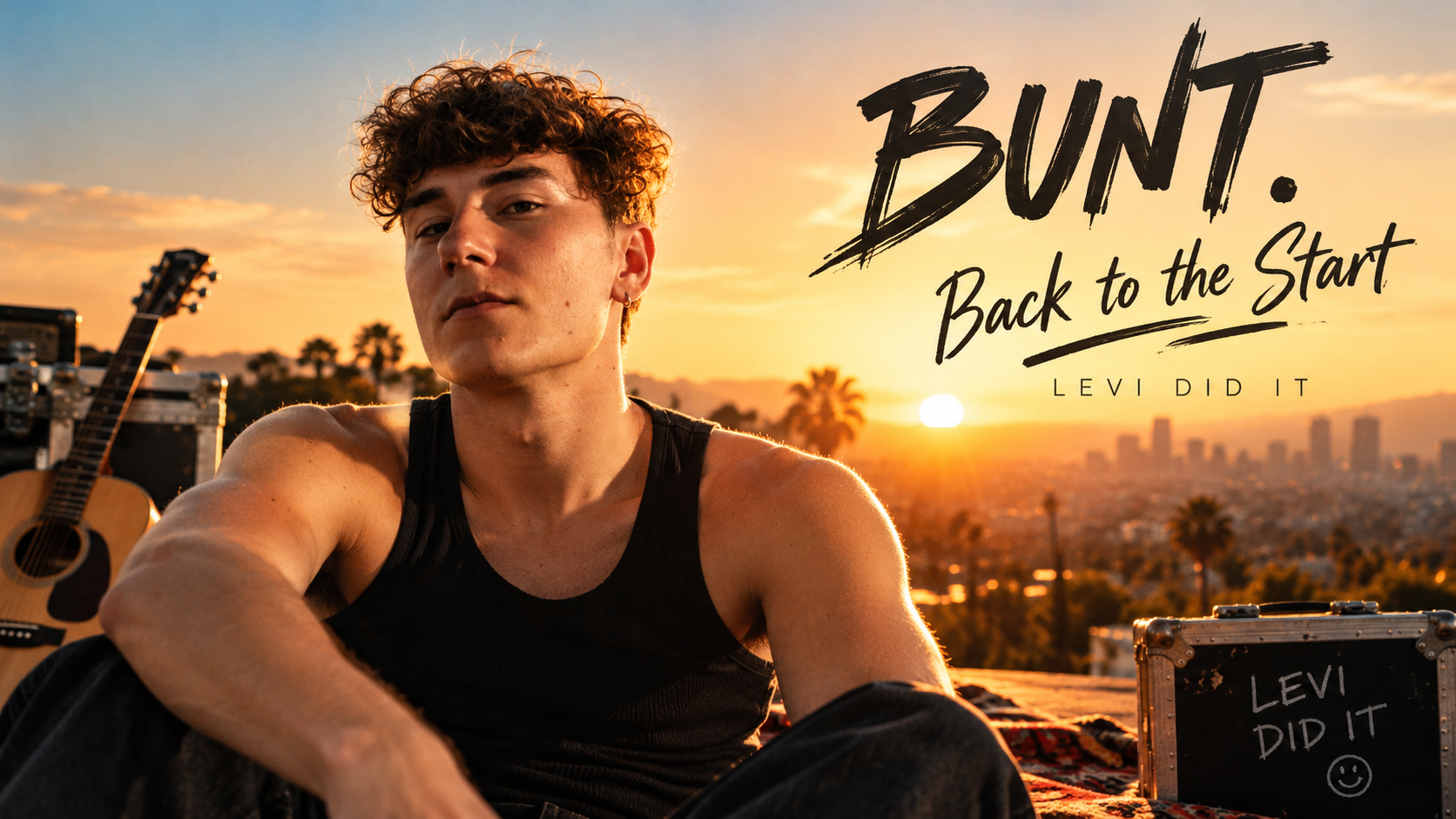 BUNT. sitzt bei Sonnenuntergang auf einem Hügel mit Gitarre und Roadcases vor einer warm beleuchteten Stadtkulisse; daneben steht „Back to the Start“.