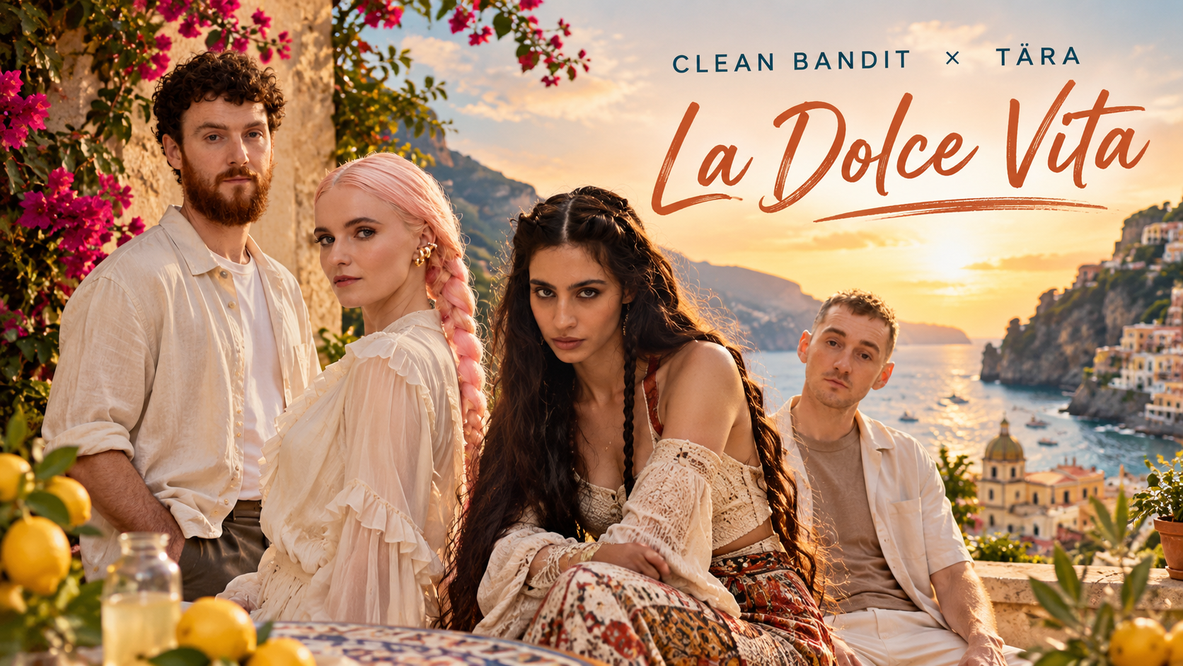 Clean Bandit und TÄRA posieren vor einer sonnigen italienischen Küstenkulisse mit mediterraner Architektur, Zitronen und warmem Abendlicht.