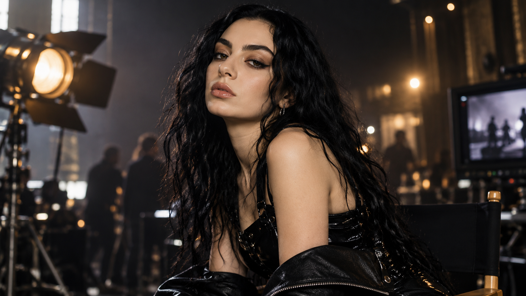 Charli XCX sitzt in dunklem Rock-Look auf einem Filmset; Scheinwerfer, Kameratechnik und eine cineastische Studioatmosphäre sind im Hintergrund zu sehen.