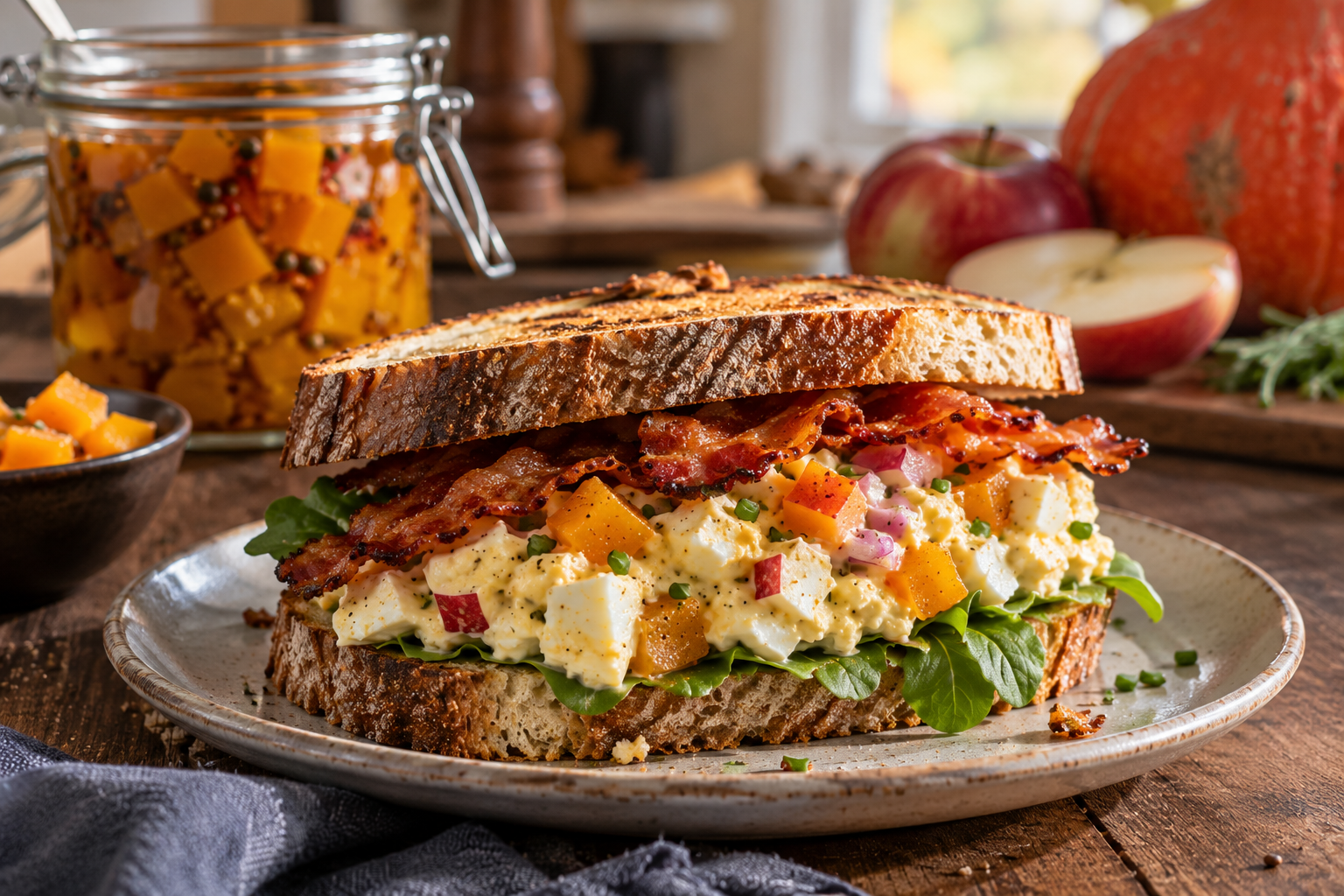 Herbstliches Eiersalat-Sandwich mit selbst eingelegtem Kürbis, Apfel und knusprigem Bacon auf geröstetem Sauerteigbrot.