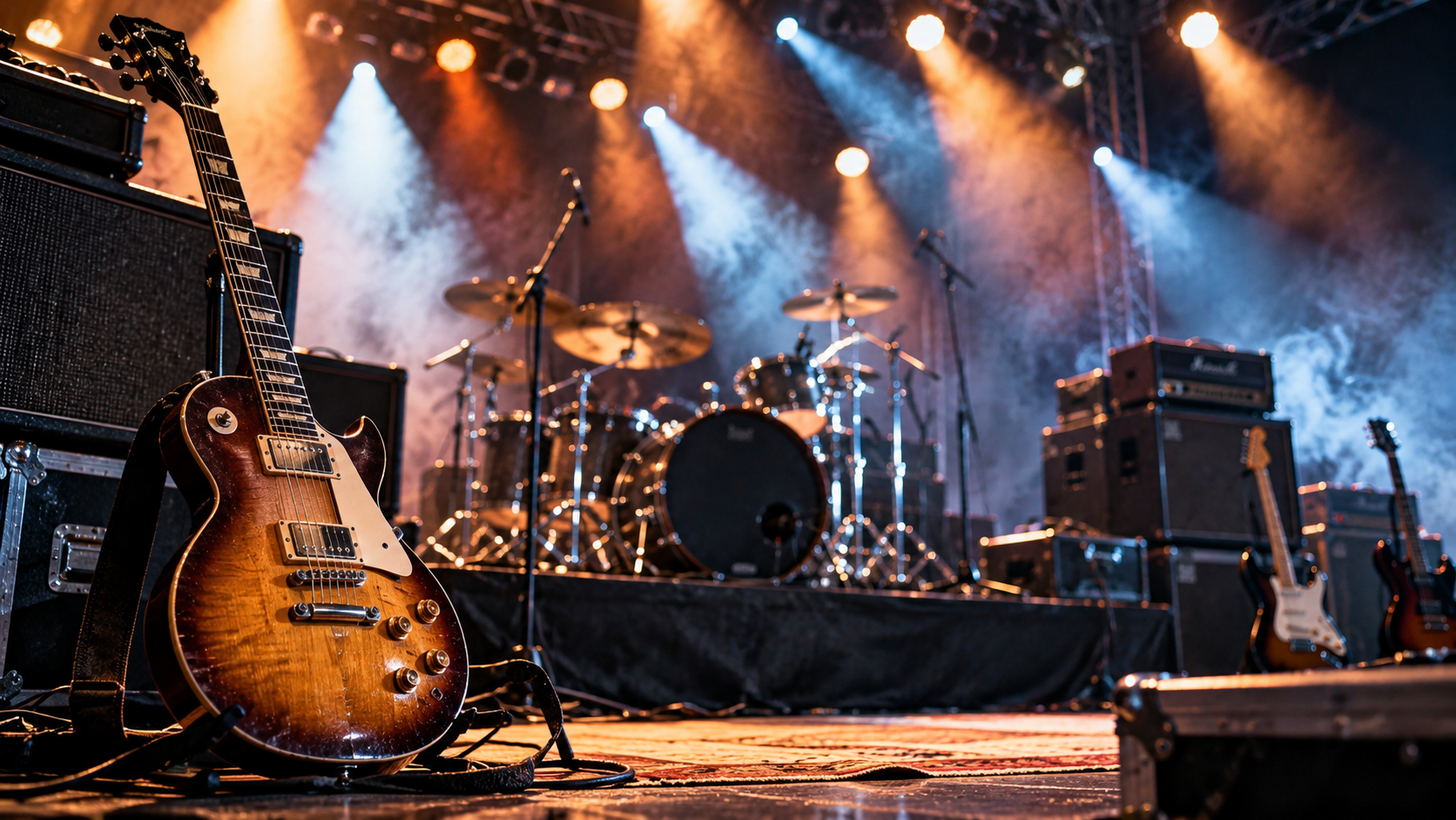 Eine klassische Rockbühne mit E-Gitarren, Schlagzeug, Verstärkern und Konzertlicht steht bereit für eine große Live-Show.