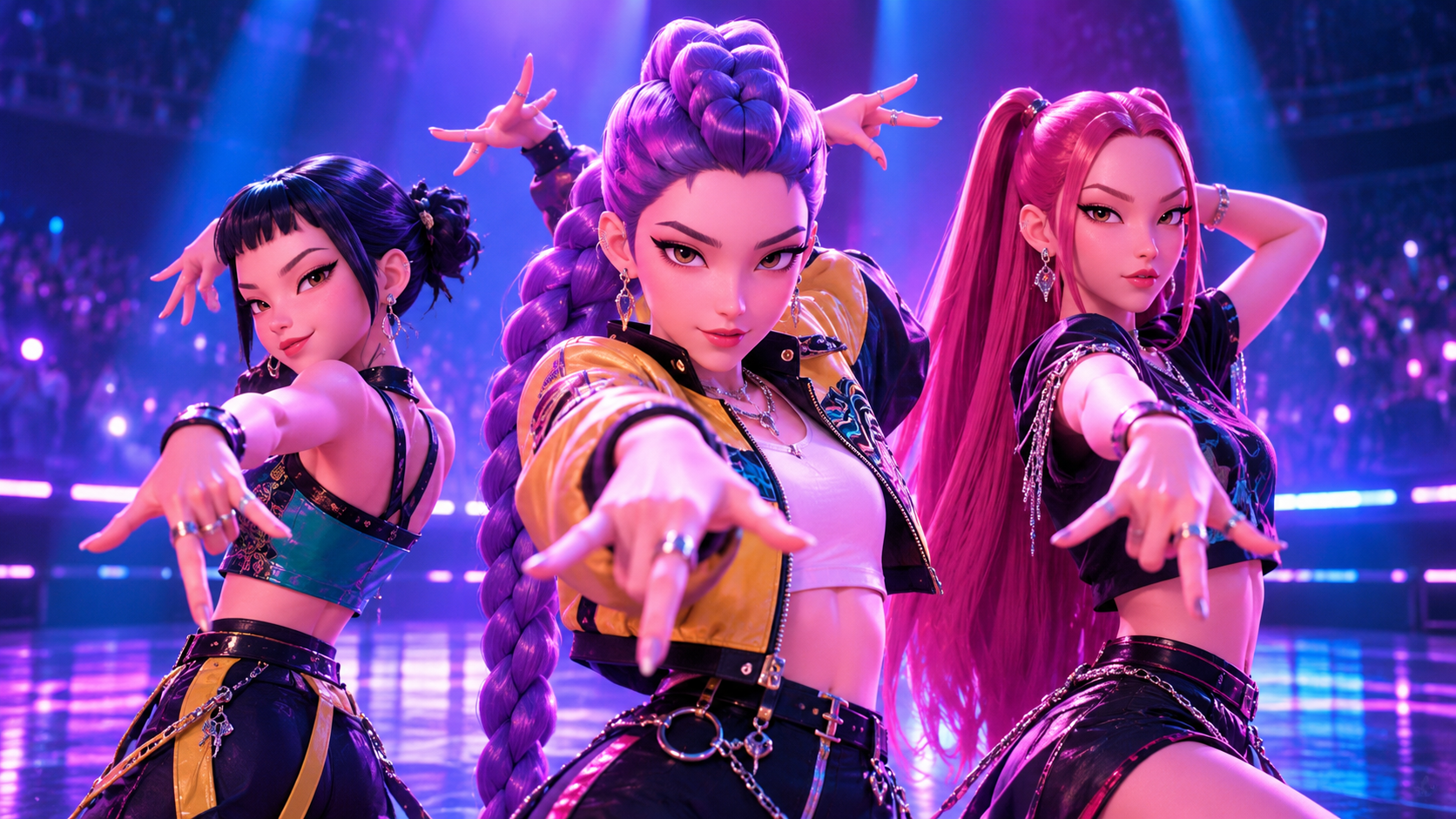 Drei animierte K-Pop-Idols tanzen in synchroner Formation auf einer neonbeleuchteten Bühne mit violett-blauem Konzertlicht.