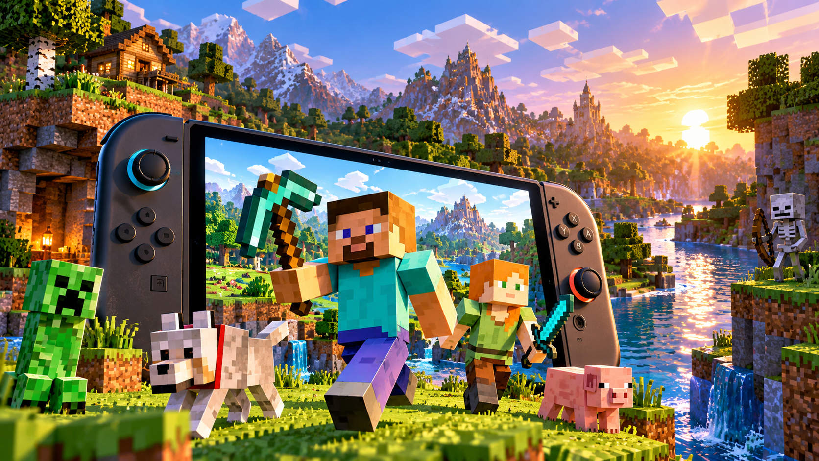 Eine moderne Handheld-Konsole zeigt eine farbenfrohe Blockwelt mit Figuren, Tieren und Monstern; im Hintergrund erstreckt sich eine große Landschaft mit Bergen, Wasser und Sonnenuntergang.