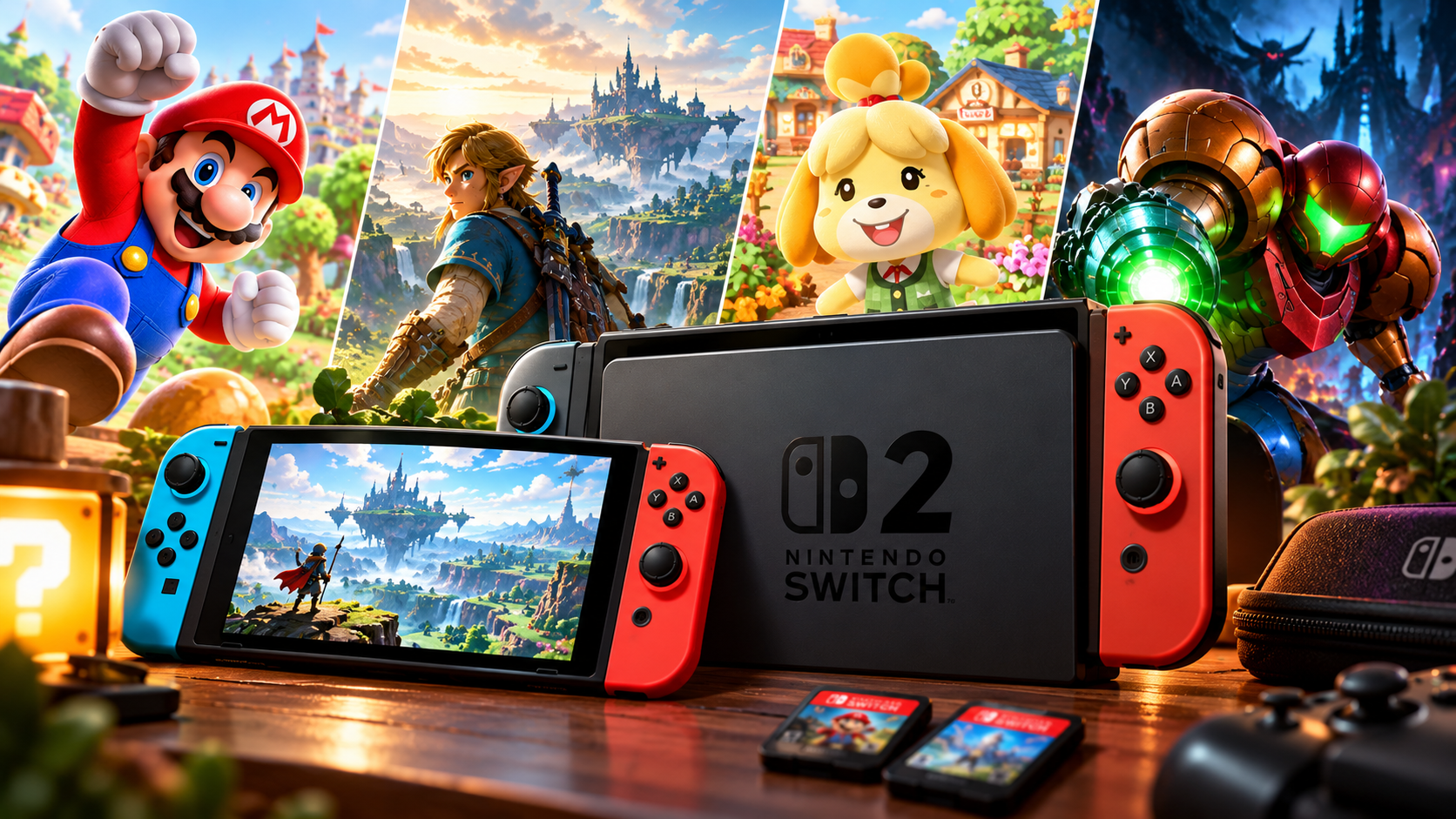 Nintendo Switch und Switch 2 stehen gemeinsam in einer farbenfrohen Gaming-Szene mit verschiedenen Spielwelten, Figuren und Zubehör.