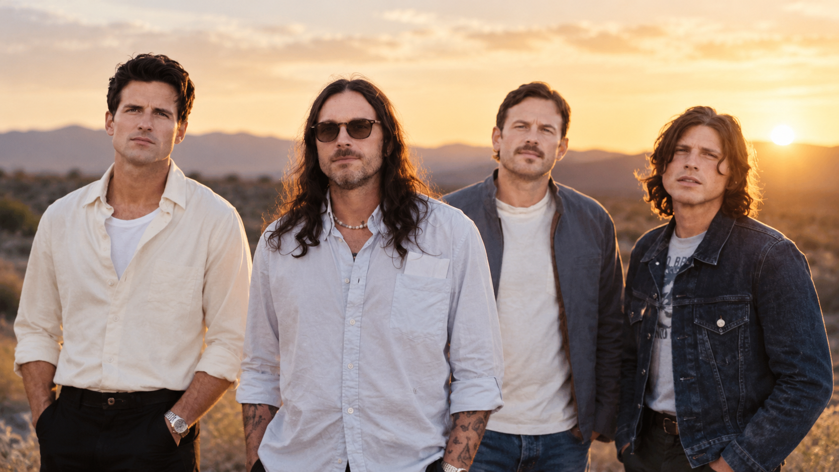 Kings of Leon stehen gemeinsam in einer weitläufigen Landschaft bei Sonnenuntergang; warmes Abendlicht und die natürliche Umgebung sorgen für eine ruhige, cineastische Stimmung.