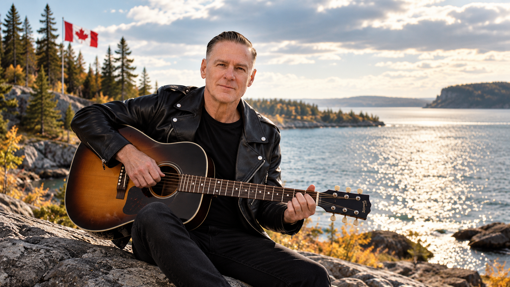 Bryan Adams sitzt mit einer Akustikgitarre an einem kanadischen See; im Hintergrund sind Wald, Felsen und eine kanadische Flagge zu sehen.