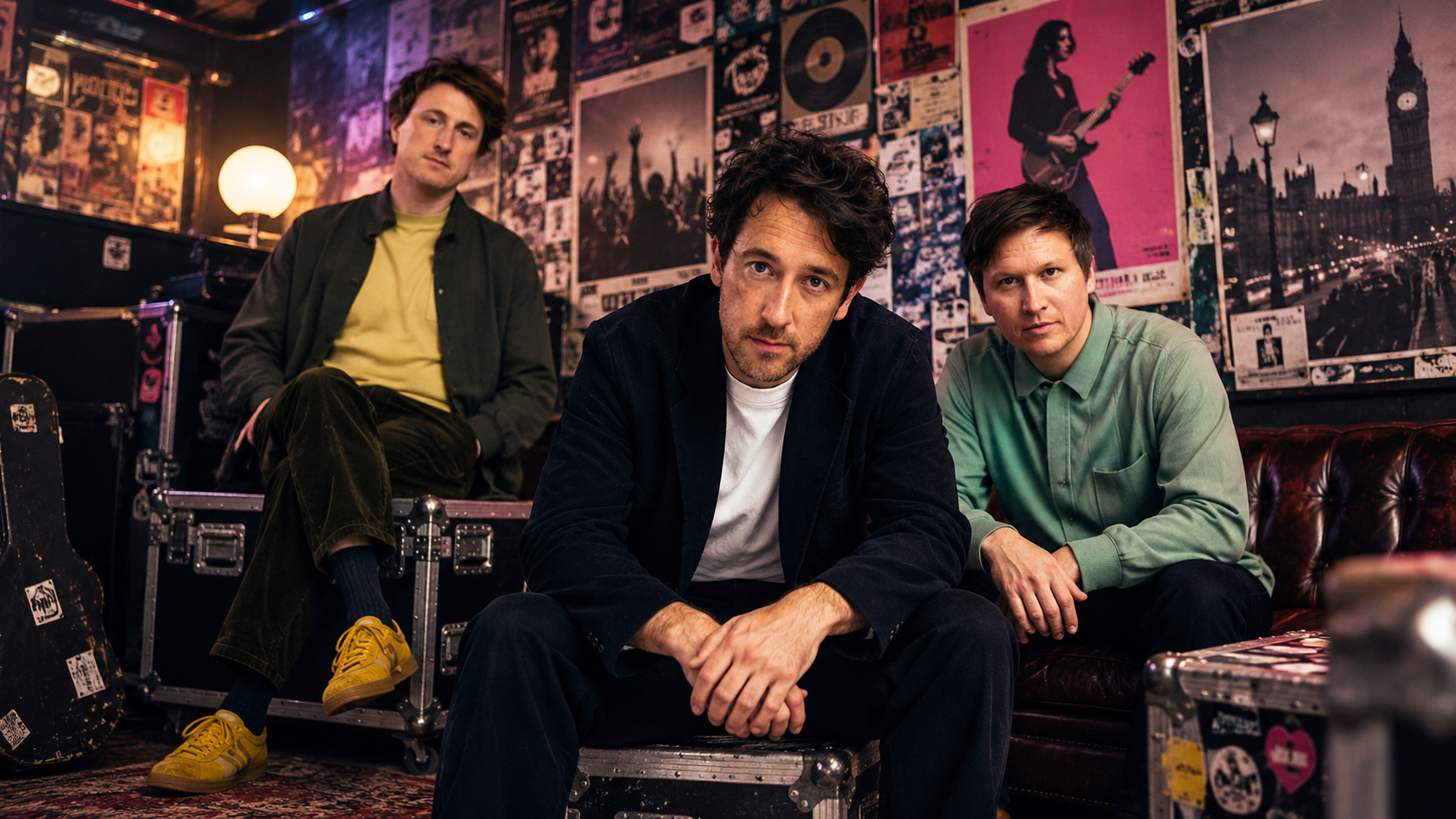 The Wombats sitzen zu dritt in einem gemütlichen Backstage-Raum mit Konzertpostern, Cases und warmem Licht; die Szene erinnert an einen klassischen Indie-Club.