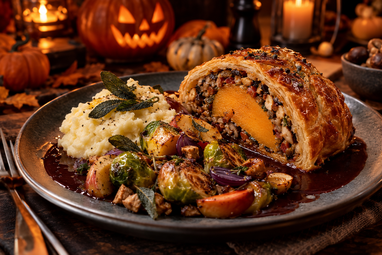 Herbstliches Kürbis-Wellington mit cremigem Sellerie-Kartoffel-Püree, geröstetem Rosenkohl, Apfel und dunkler Portweinsoße auf einem stimmungsvoll gedeckten Halloween-Tisch.