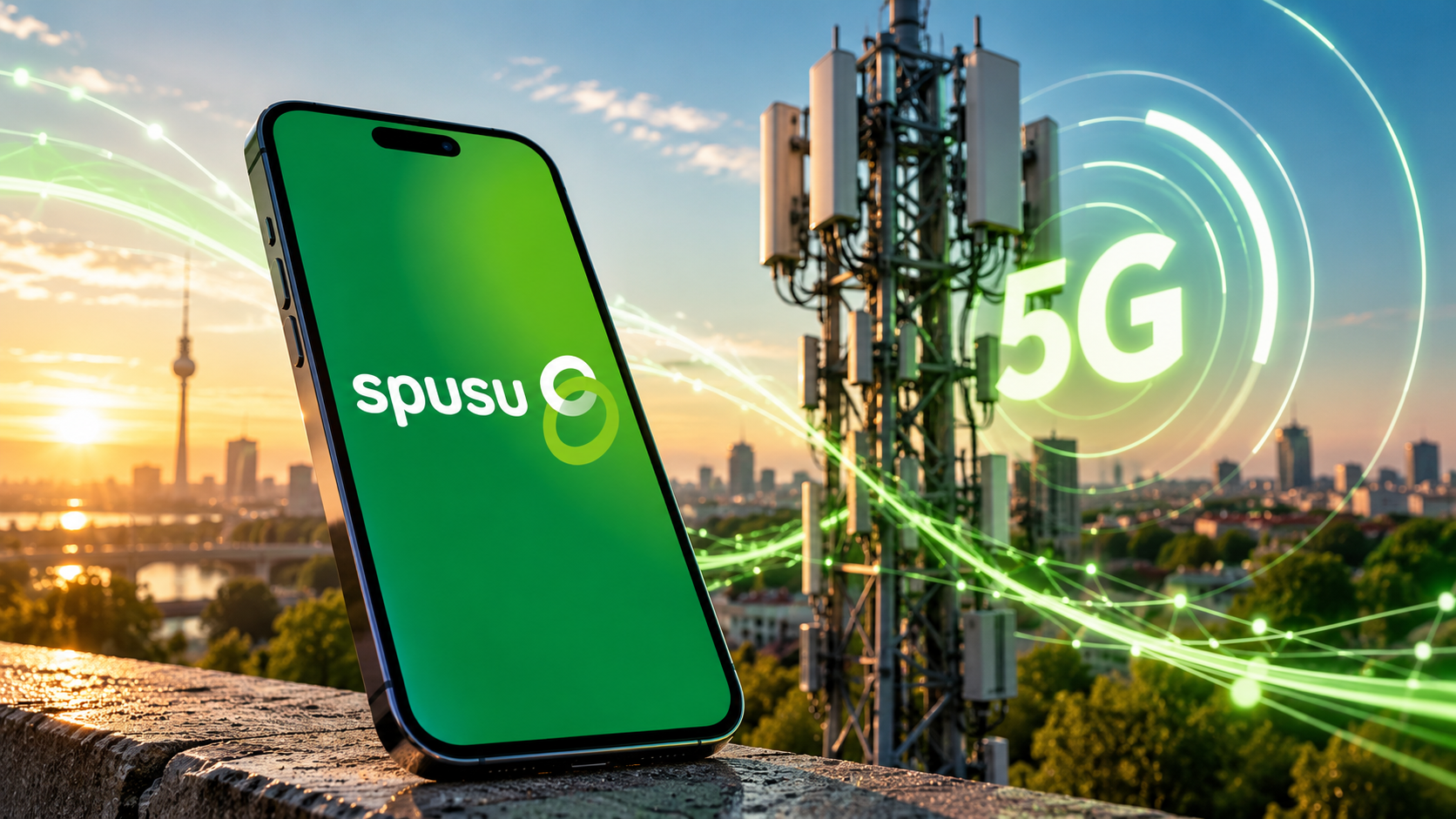 Ein Smartphone mit Spusu-Logo steht vor einem 5G-Mobilfunkmast; grüne Lichtlinien symbolisieren schnelle mobile Datenverbindungen.