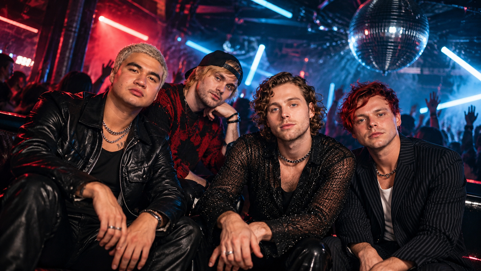 5 Seconds of Summer posieren zu viert in einem dunklen Nachtclub mit roten und blauen Neonlichtern, Discokugel und feierndem Publikum im Hintergrund.
