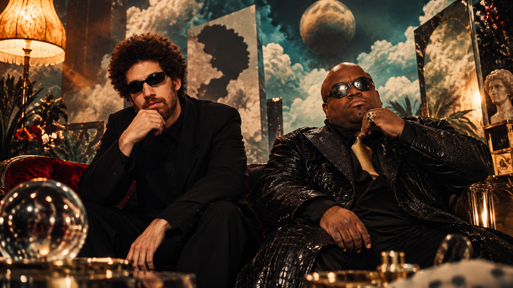 CeeLo Green und Danger Mouse sitzen gemeinsam in einer surrealen, retrofuturistischen Studiokulisse mit warmem Licht, dunklen Anzügen und psychedelischen Hintergrundelementen.