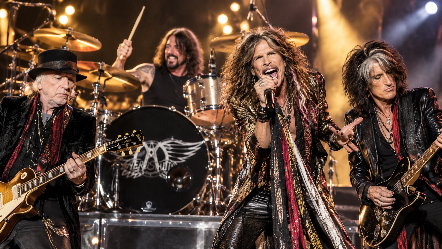 Aerosmith stehen gemeinsam auf einer großen Rockbühne; Steven Tyler singt im Vordergrund, Joe Perry und Brad Whitford spielen Gitarre und Dave Grohl sitzt am Schlagzeug.