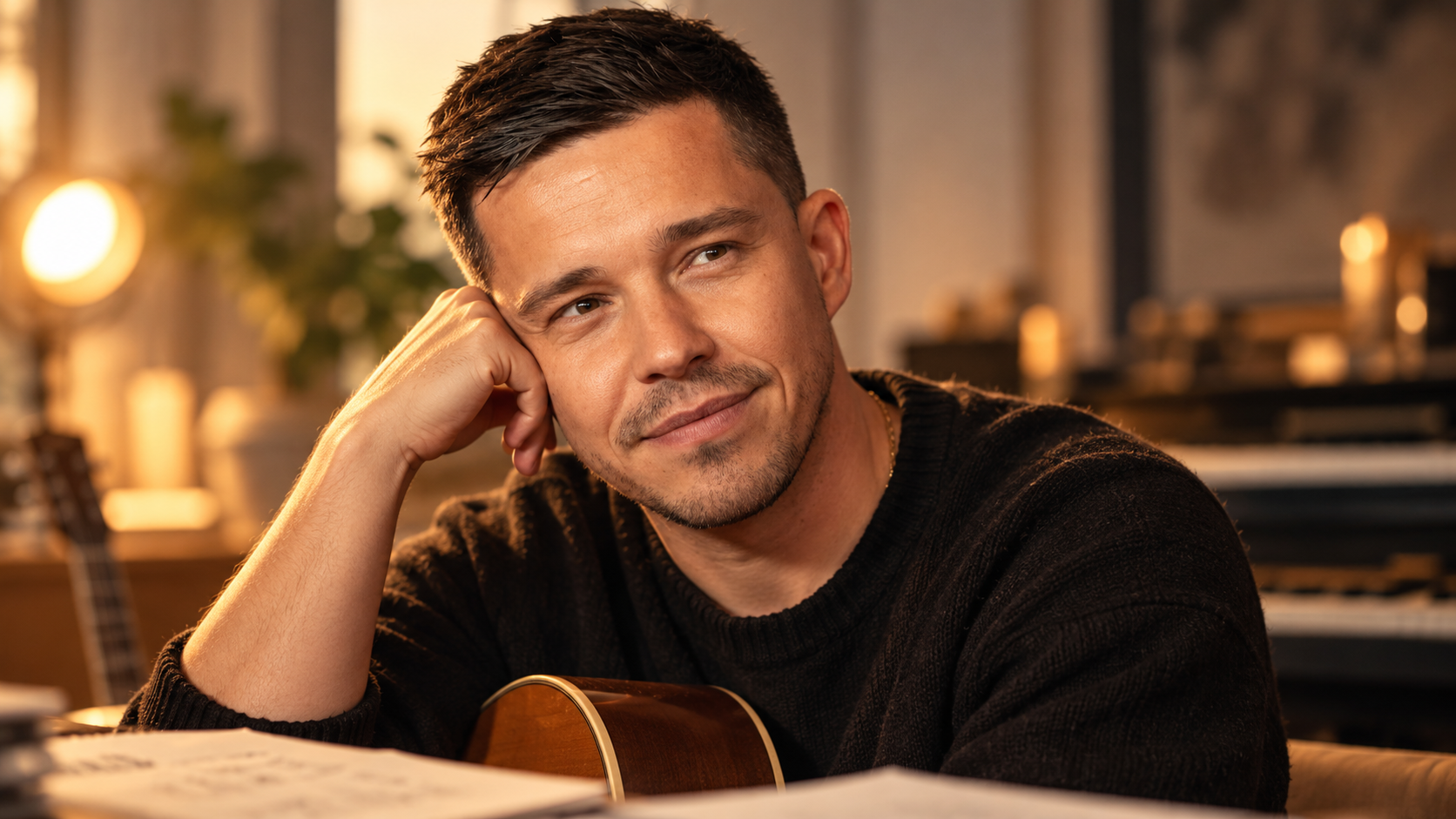 Nico Santos sitzt nachdenklich in einem warm beleuchteten Musikstudio; im Vordergrund liegen Notenblätter, im Hintergrund sind Klavier und Gitarre zu sehen.