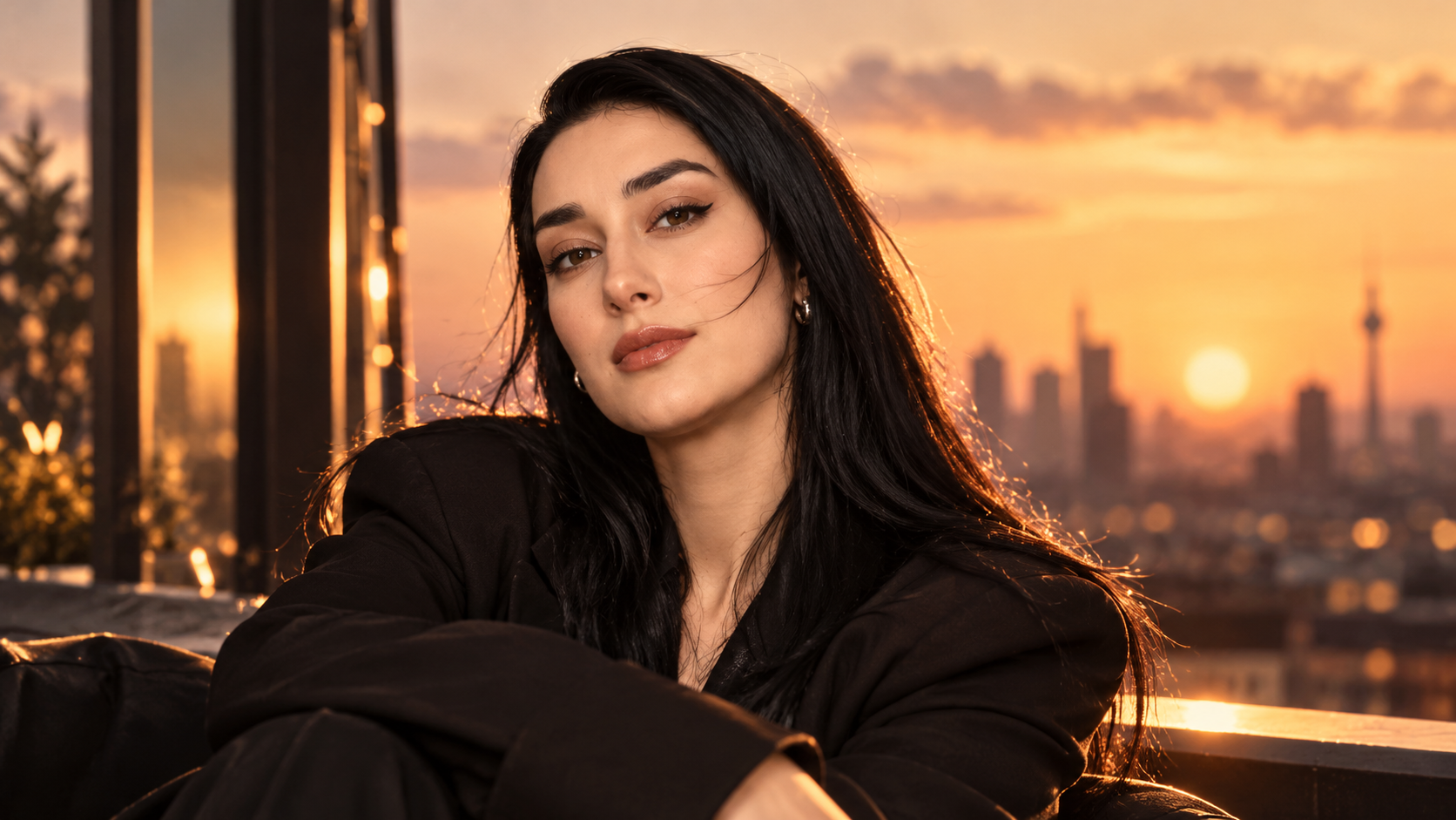 ELIF sitzt selbstbewusst auf einer Dachterrasse bei Sonnenuntergang; die warme Stadtkulisse im Hintergrund unterstreicht die ruhige, entschlossene Stimmung.