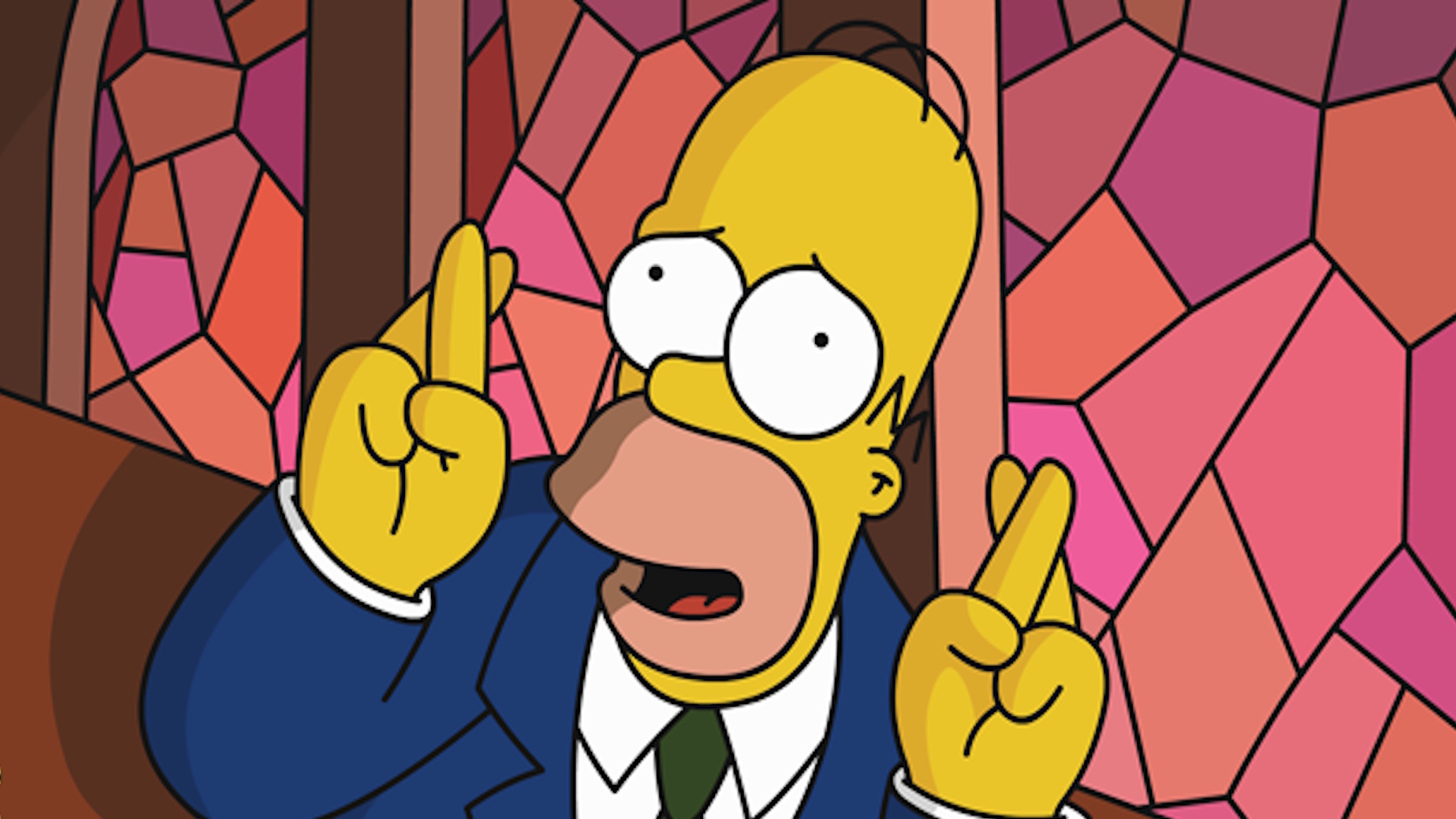 Homer Simpson sitzt in einer farbenfrohen Szenerie und hebt beide Hände mit gekreuzten Fingern; das Bild steht für den bevorstehenden Senderwechsel neuer „Simpsons“-Folgen.