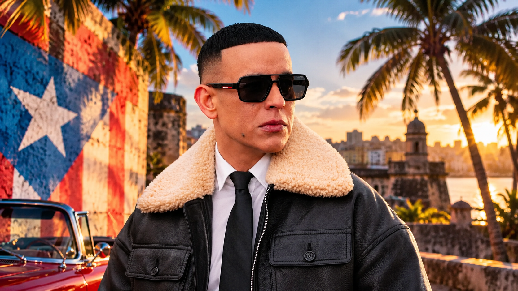 Daddy Yankee steht bei Sonnenuntergang in einer karibischen Stadtkulisse vor Palmen, einer puerto-ricanischen Wandmalerei und einem klassischen Auto.
