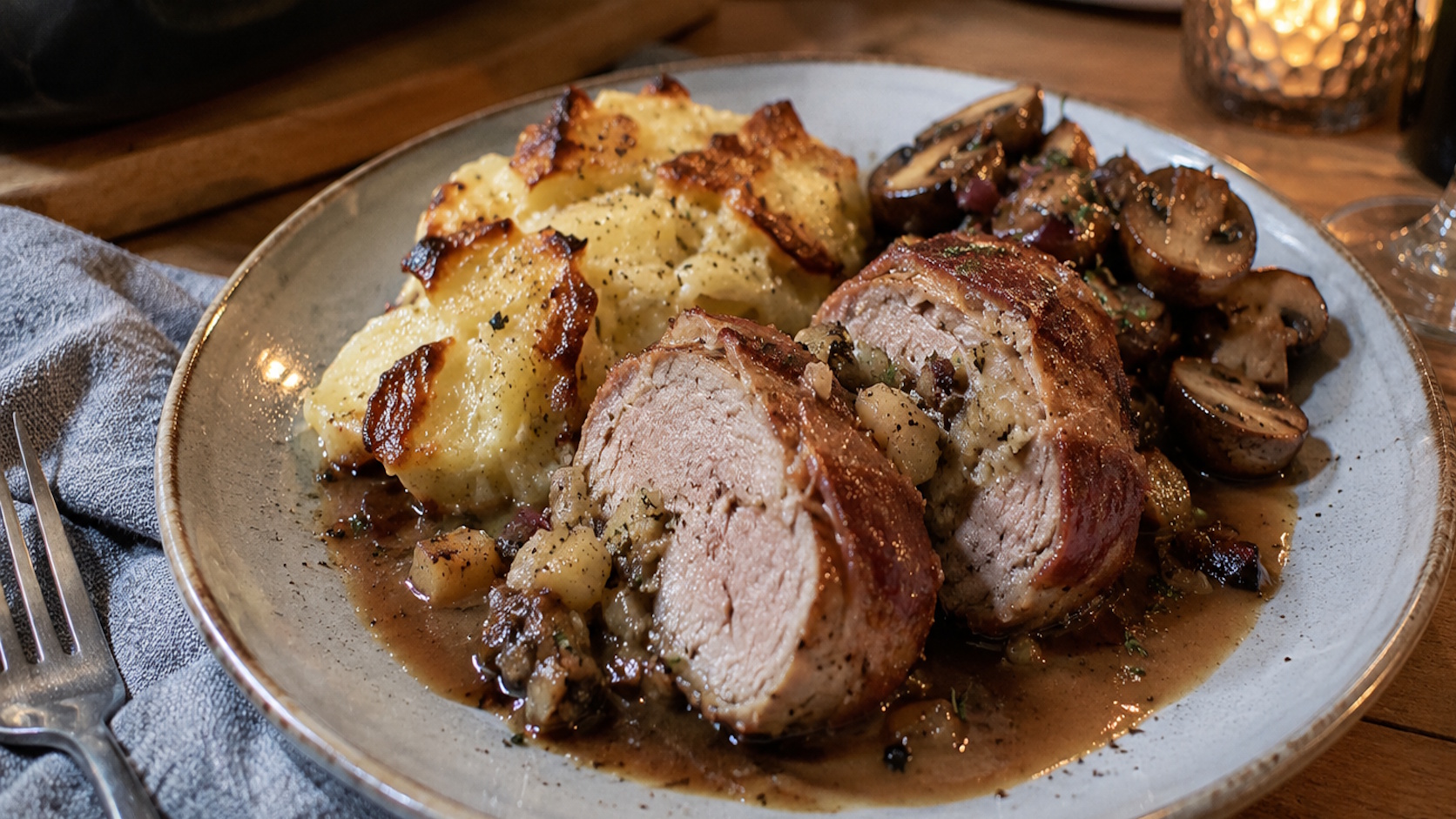 Hausgemachtes Schweinefilet im Speckmantel mit cremigem Kartoffel-Sellerie-Gratin, gebratenen Pilzen und dunkler Sauce auf einem rustikal gedeckten Holztisch.