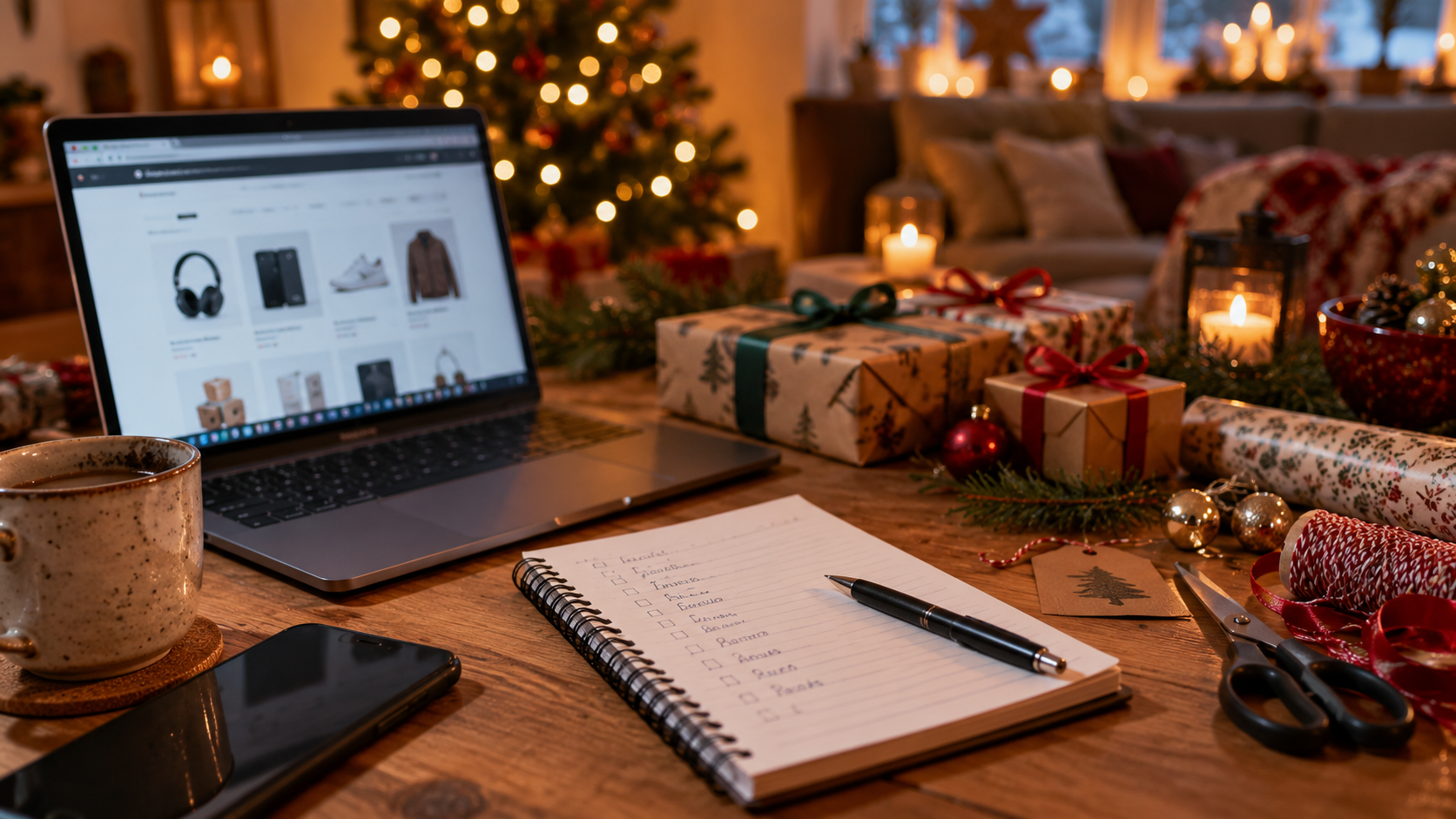 Weihnachtliche Geschenke, Geschenkpapier, Laptop, Smartphone und eine Einkaufsliste auf einem gemütlich dekorierten Tisch als Symbol für frühzeitige Weihnachtsplanung.